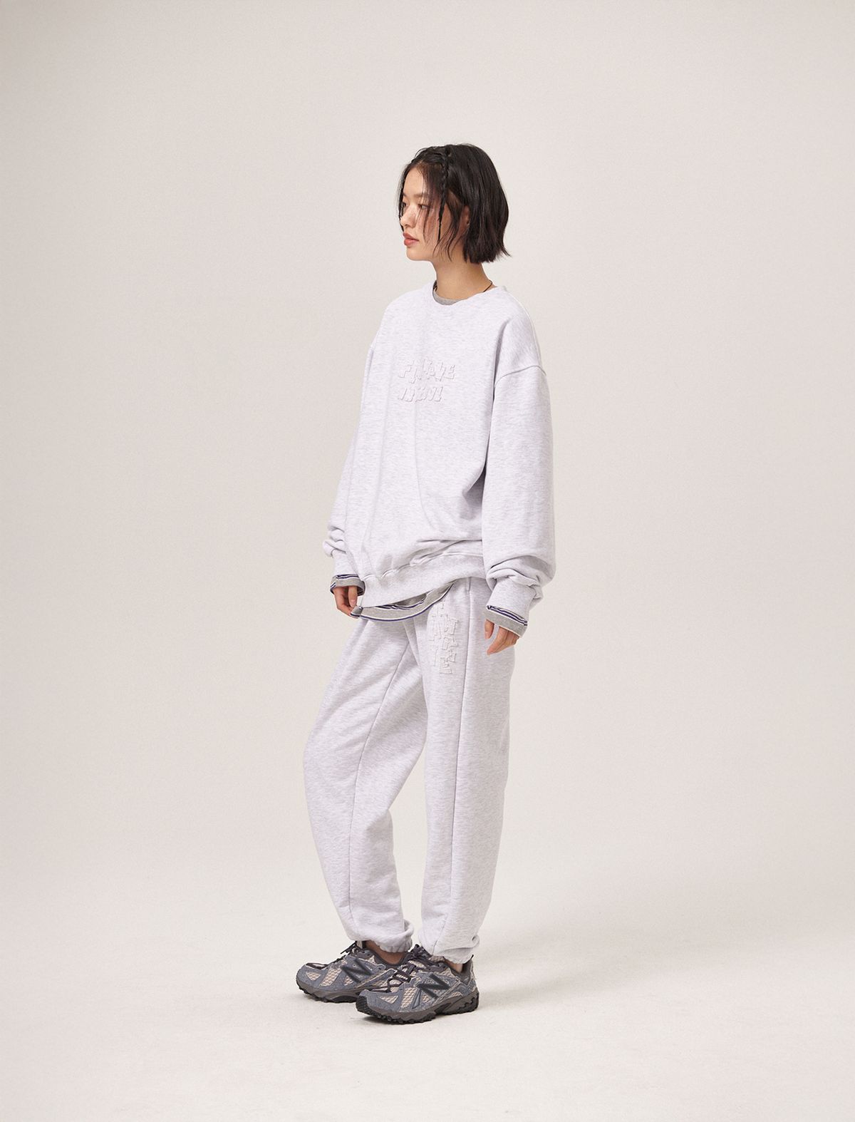플랫웨이브 인 서울(FLATWAVE IN SEOUL) Soulu Patchwork Sweatshirt/pants Set Light Grey Melange