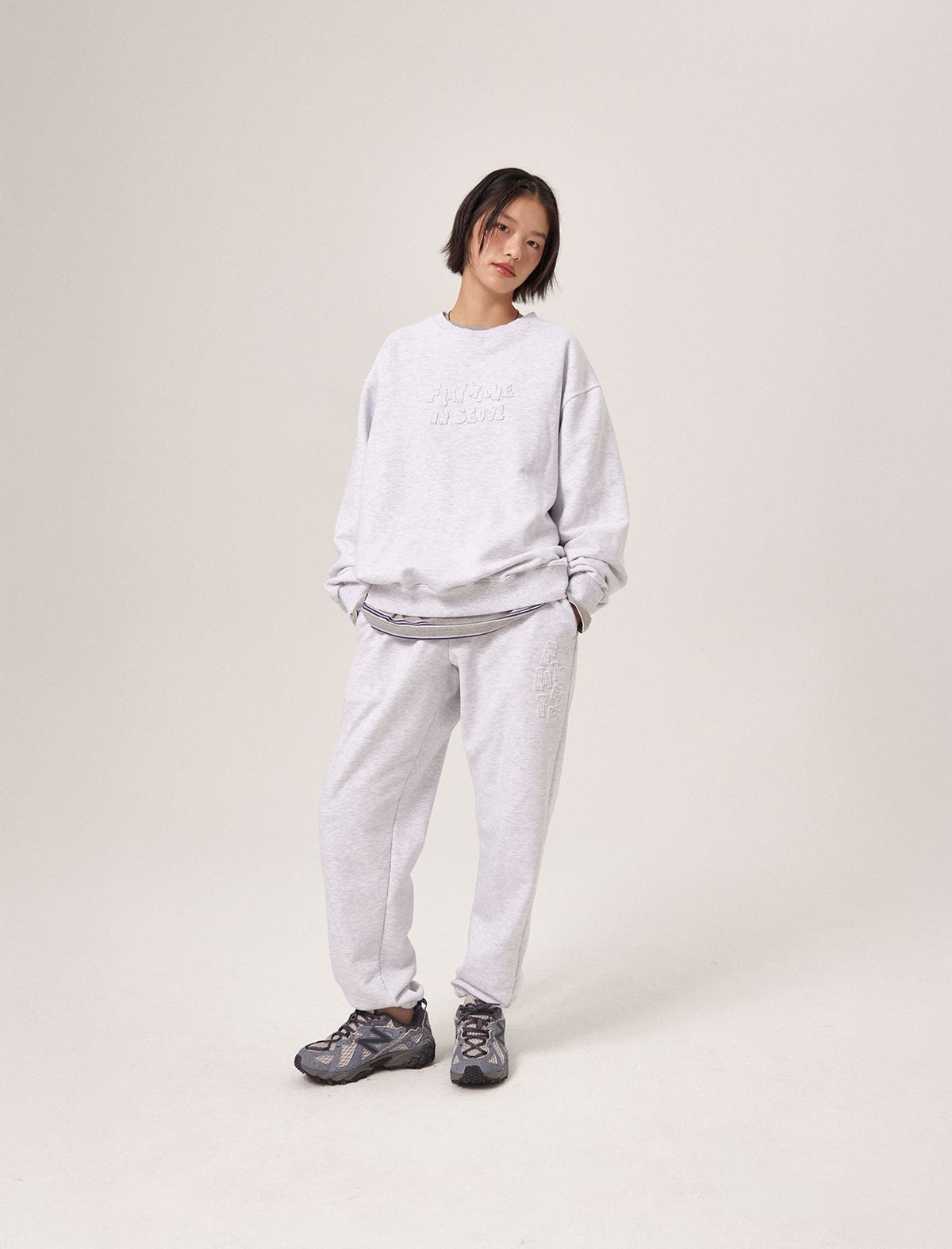 플랫웨이브 인 서울(FLATWAVE IN SEOUL) Soulu Patchwork Sweatshirt/pants Set Light Grey Melange