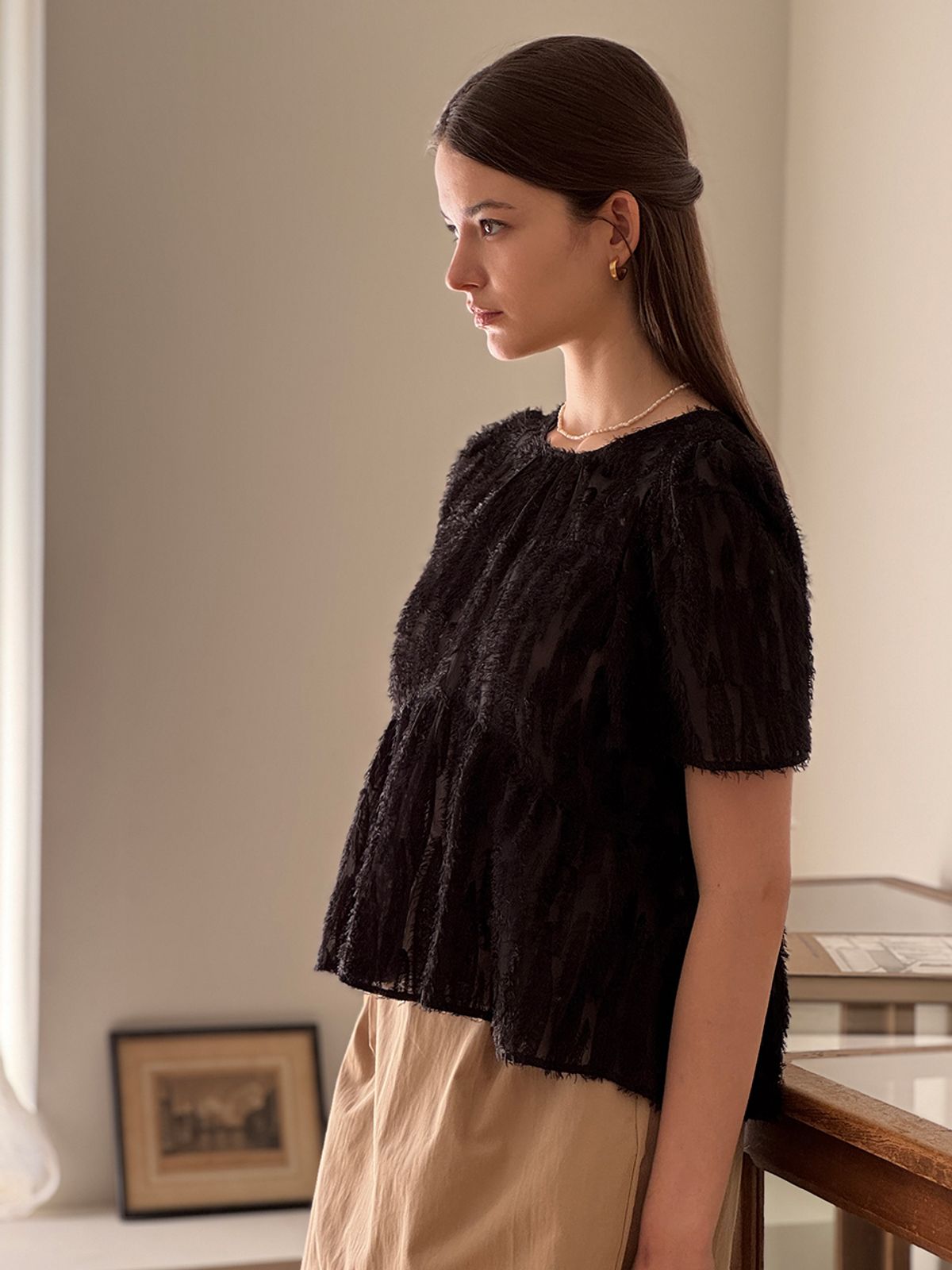 로트르드민(LAUTREDE MIN) Lautre Ette ribbon New Black Blouse