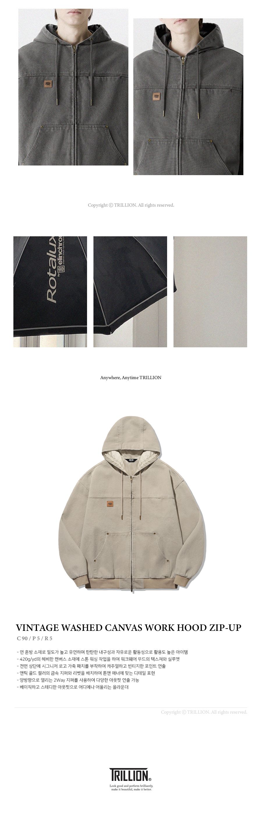 MUSINSA | TRILLION Vintage Washed Canvas Work Hooded Zip-Up [Cream]