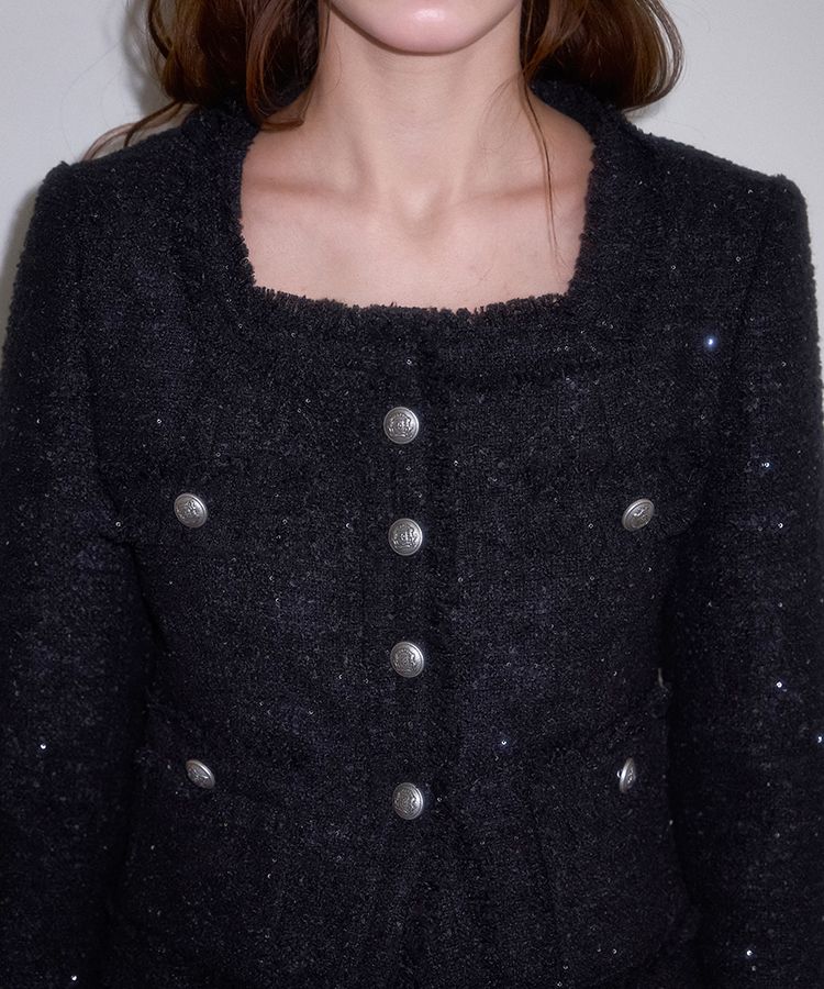 【RoseFrantz】Spangle Fringe Tweed Jacket ツイードジャケット MUSINSA | ROSÉ FRANTZ Spangle Fringe Tweed Jacket [Black]