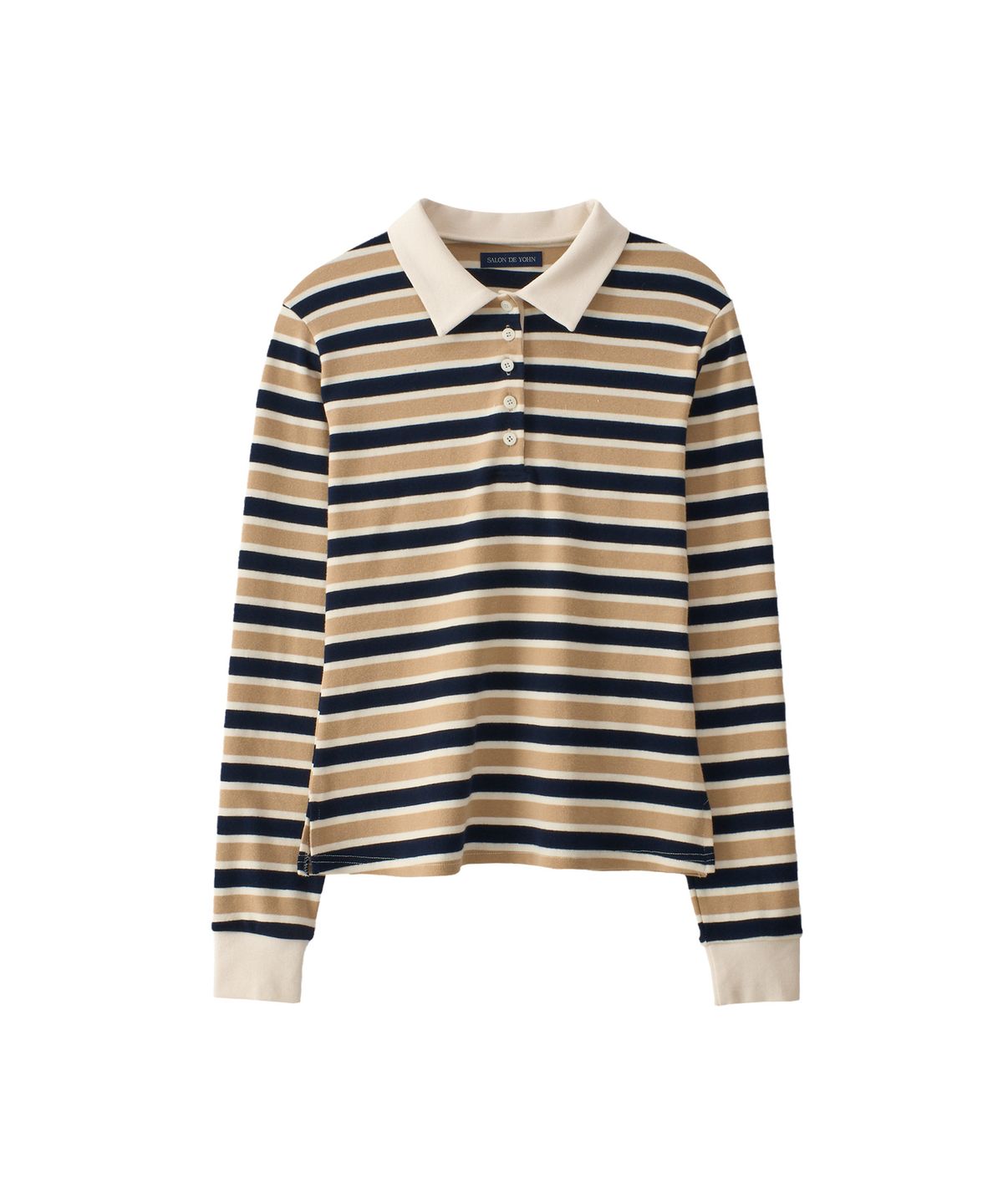 살롱 드 욘(SALON DE YOHN) Striped Button Rugby Collar Shirt_ Beige