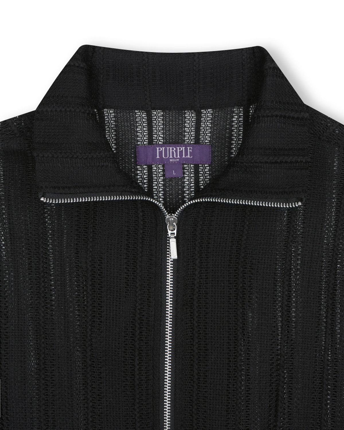 비슬로우(BESLOW) SEE-THROUGH JACQUARD HIGH NECK ZIP-UP BLACK
