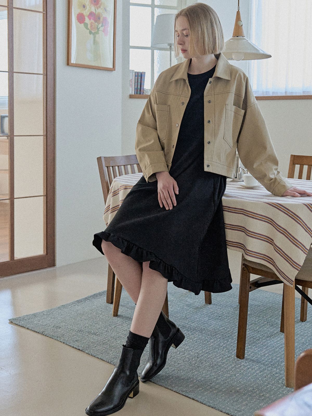 아방(AVANT-G) Color Stitch Trucker Jacket - BEIGE