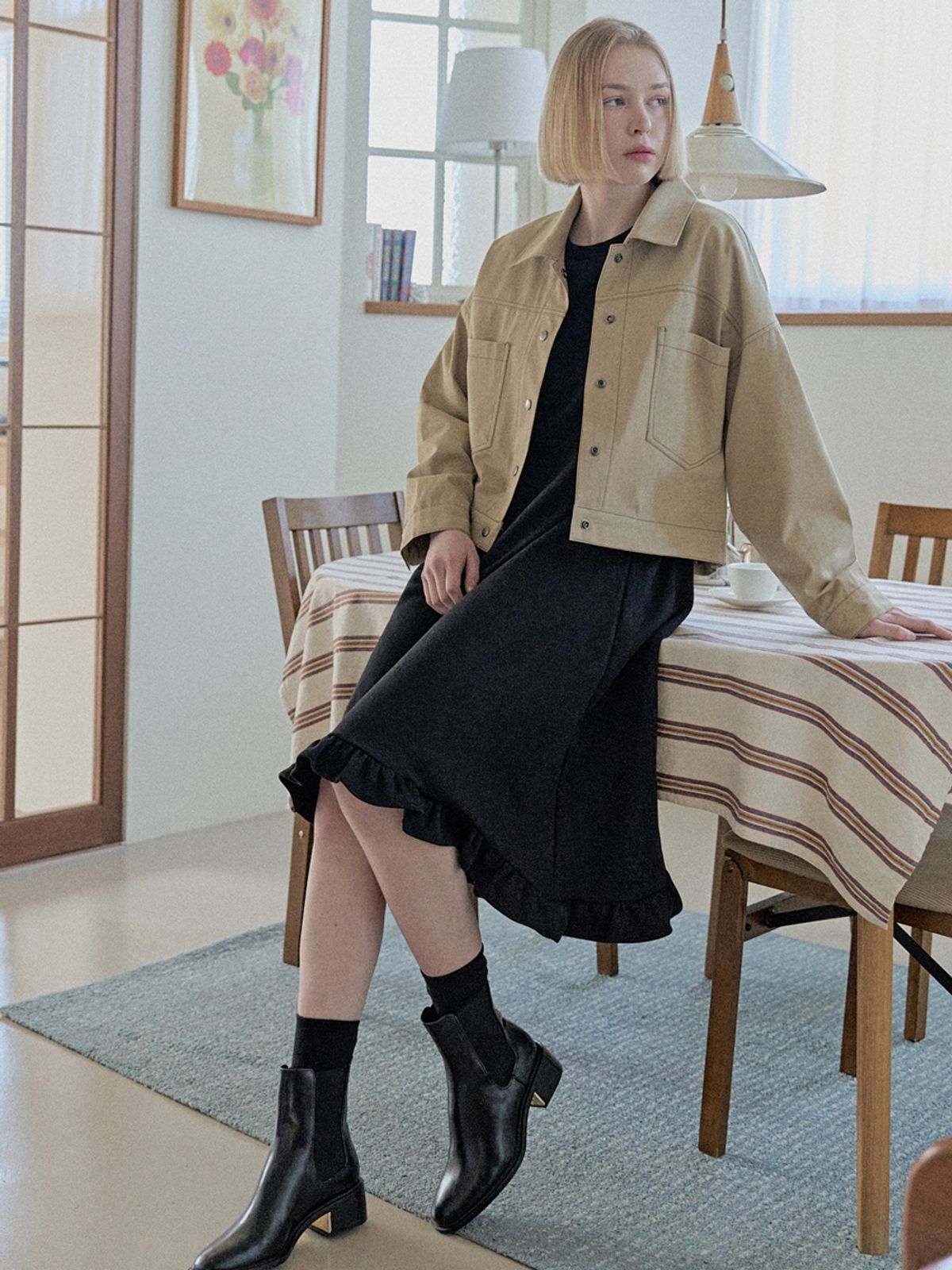 아방(AVANT-G) Color Stitch Trucker Jacket - BEIGE