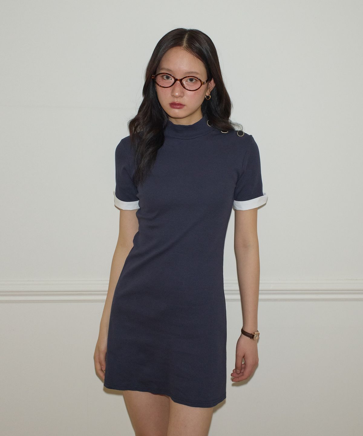 살롱 드 욘(SALON DE YOHN) Button Point Short Sleeve Mini Dress_ Navy
