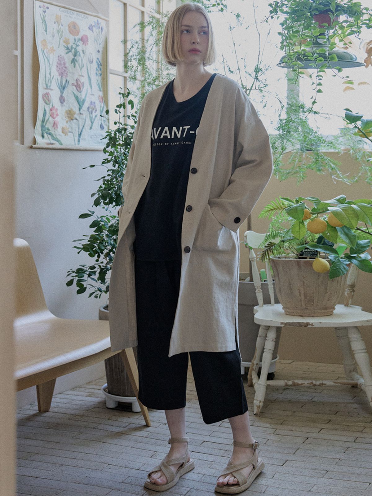 아방(AVANT-G) Linen Long Jacket - OATMEAL
