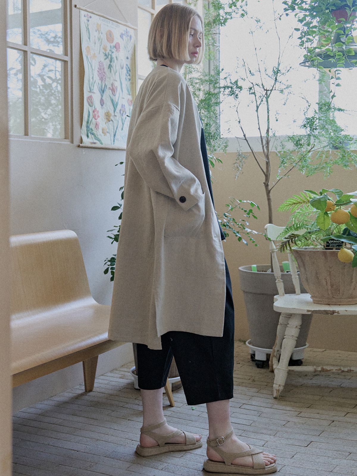 아방(AVANT-G) Linen Long Jacket - OATMEAL