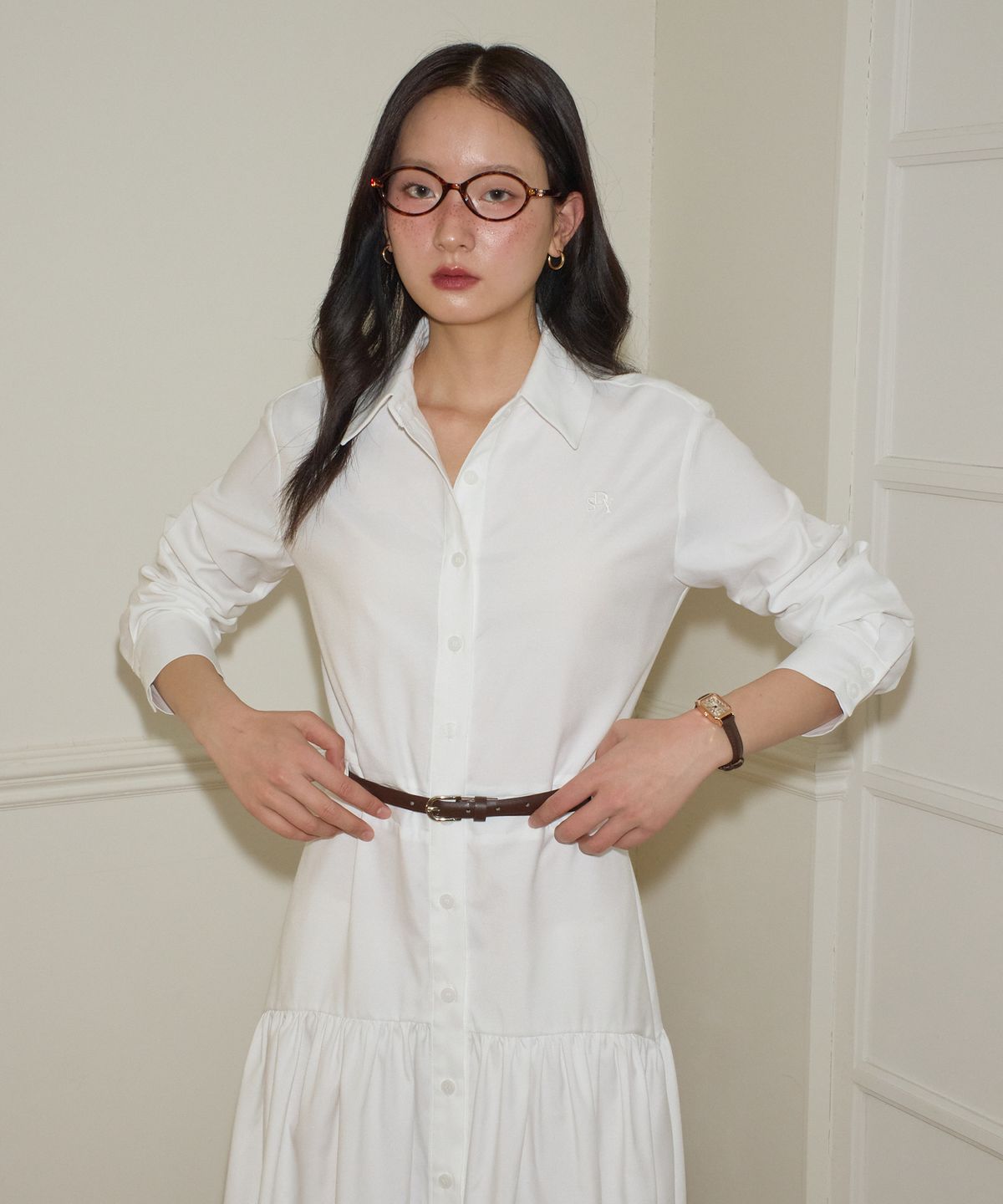 살롱 드 욘(SALON DE YOHN) Flare Long Shirt  Dress_ White