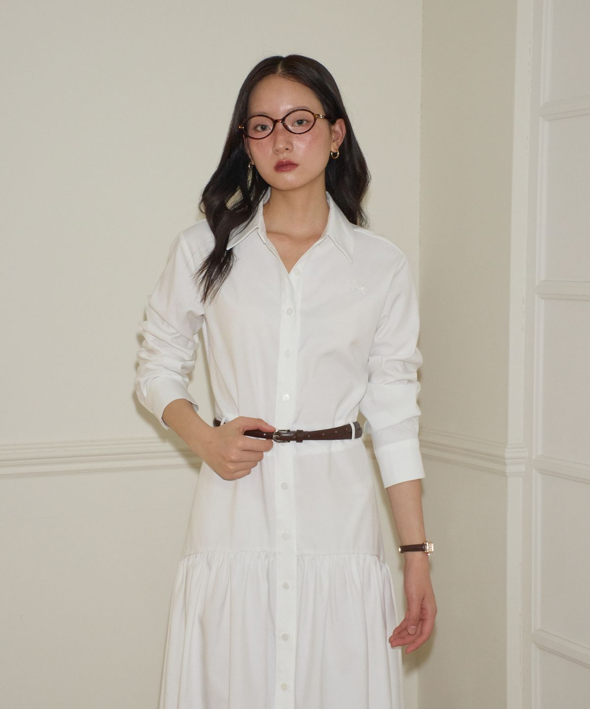 살롱 드 욘(SALON DE YOHN) Flare Long Shirt  Dress_ White