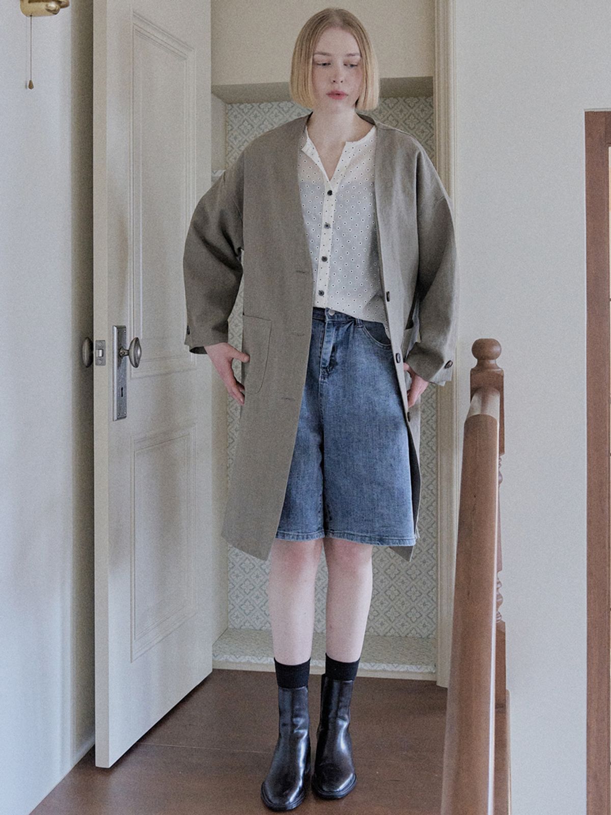 아방(AVANT-G) Linen Long Jacket - KHAKI