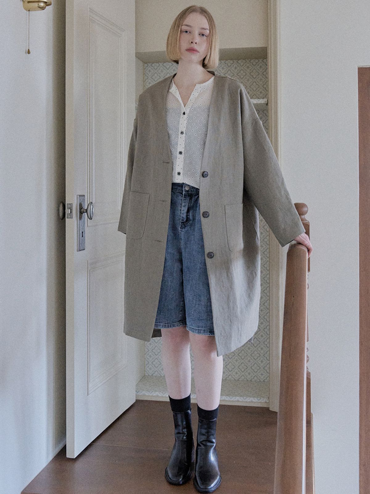 아방(AVANT-G) Linen Long Jacket - KHAKI