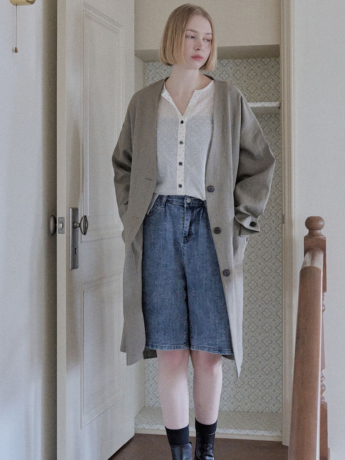 아방(AVANT-G) Linen Long Jacket - KHAKI
