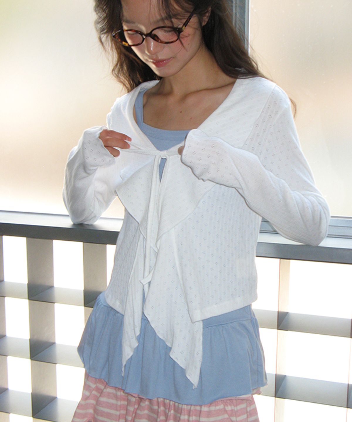 론론(RONRON) PENDANT SAILOR FRILL EYELET CARDIGAN IVORY