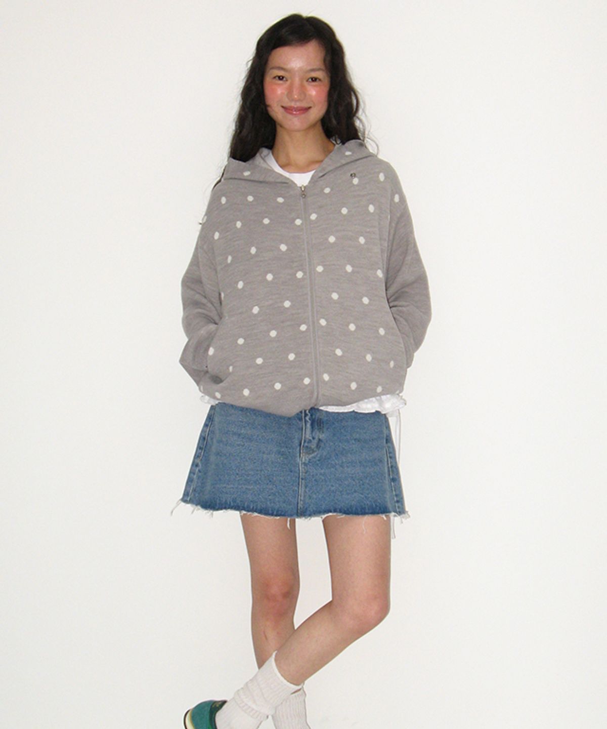 론론(RONRON) DOT HOODED ZIP UP KNIT GREY WHITE DOT