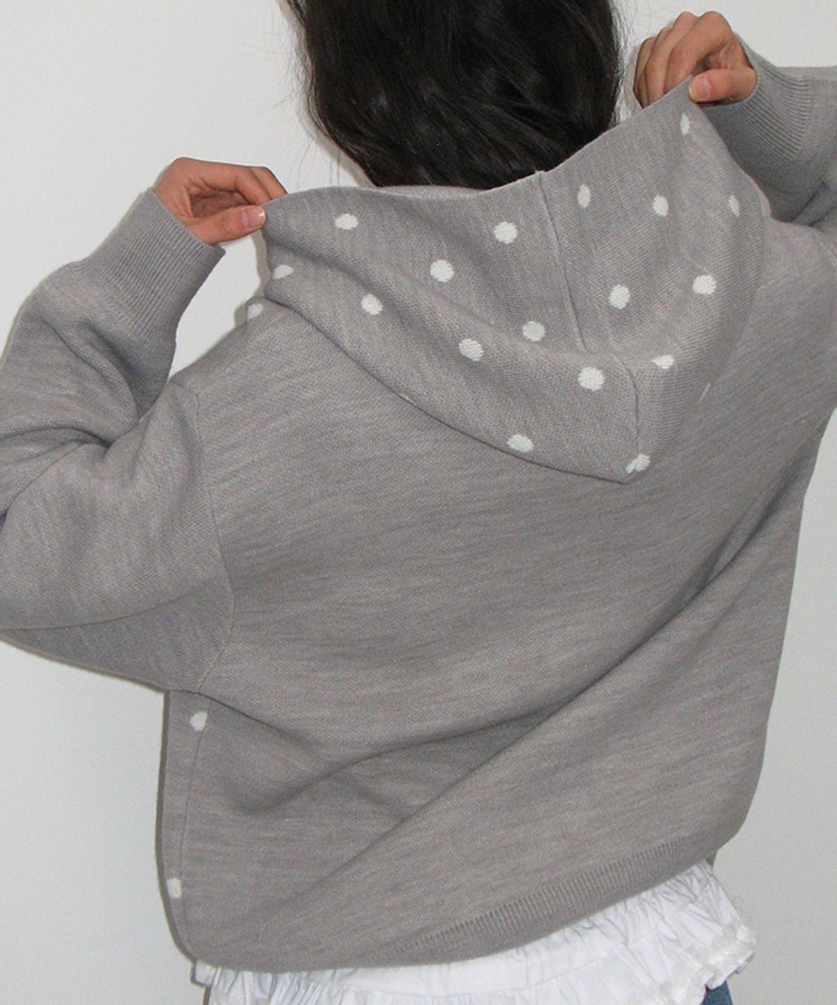 론론(RONRON) DOT HOODED ZIP UP KNIT GREY WHITE DOT