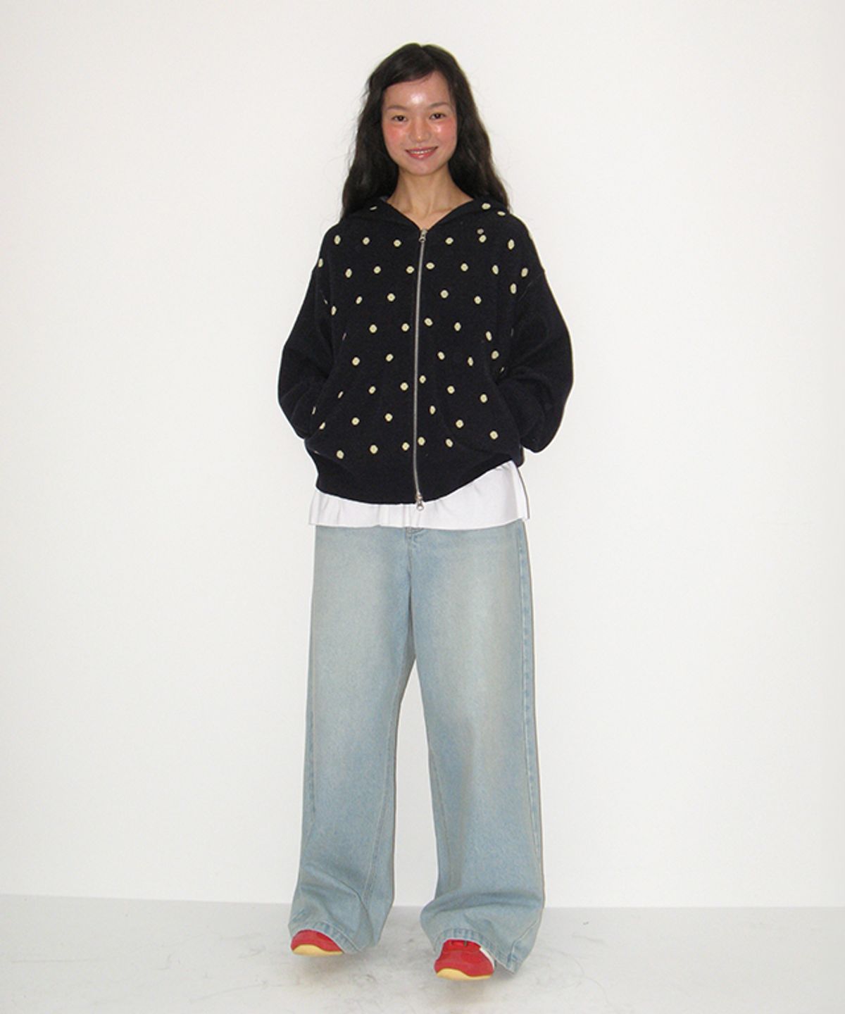 론론(RONRON) DOT HOODED ZIP UP KNIT NAVY BUTTER DOT