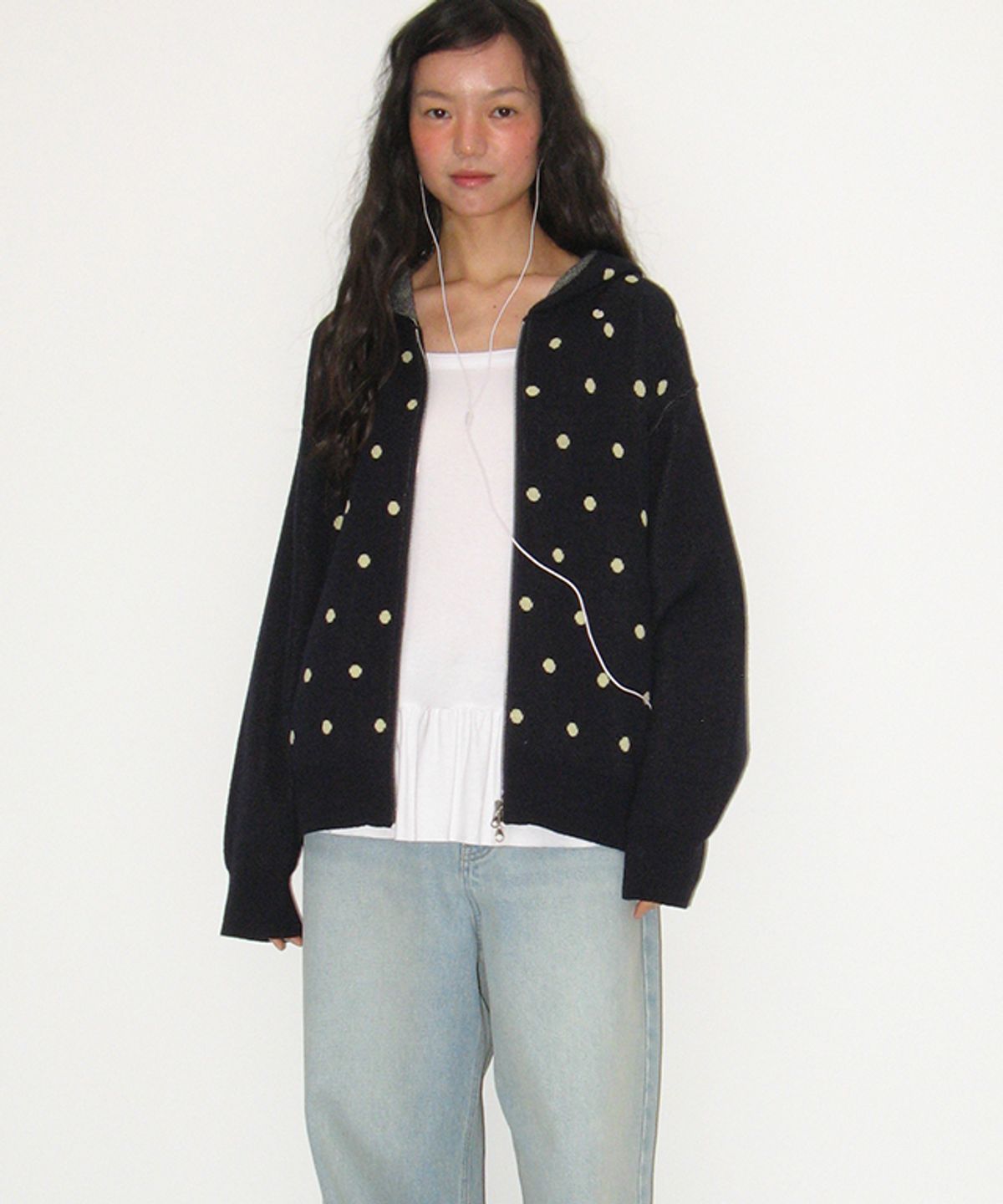 론론(RONRON) DOT HOODED ZIP UP KNIT NAVY BUTTER DOT