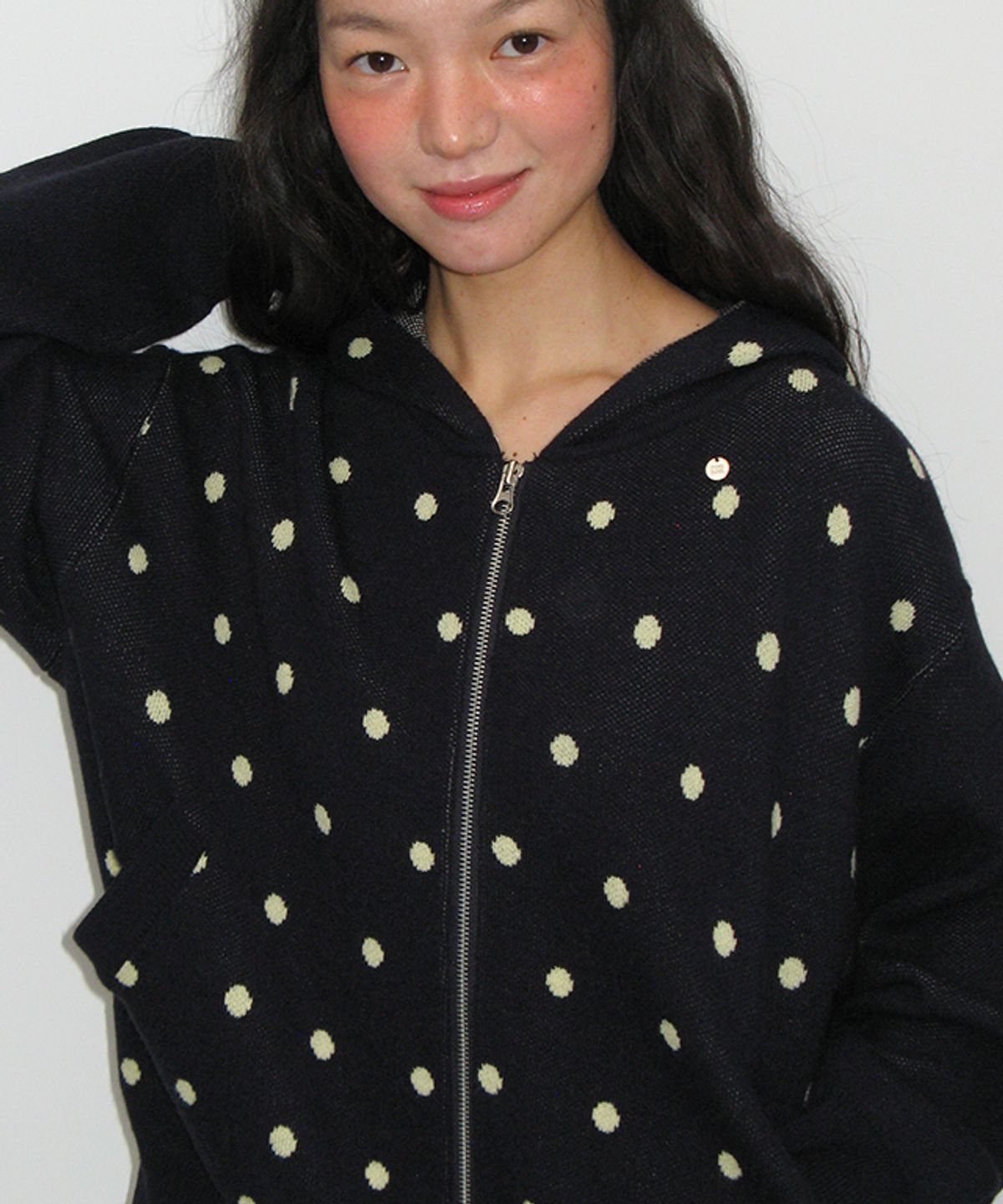 론론(RONRON) DOT HOODED ZIP UP KNIT NAVY BUTTER DOT
