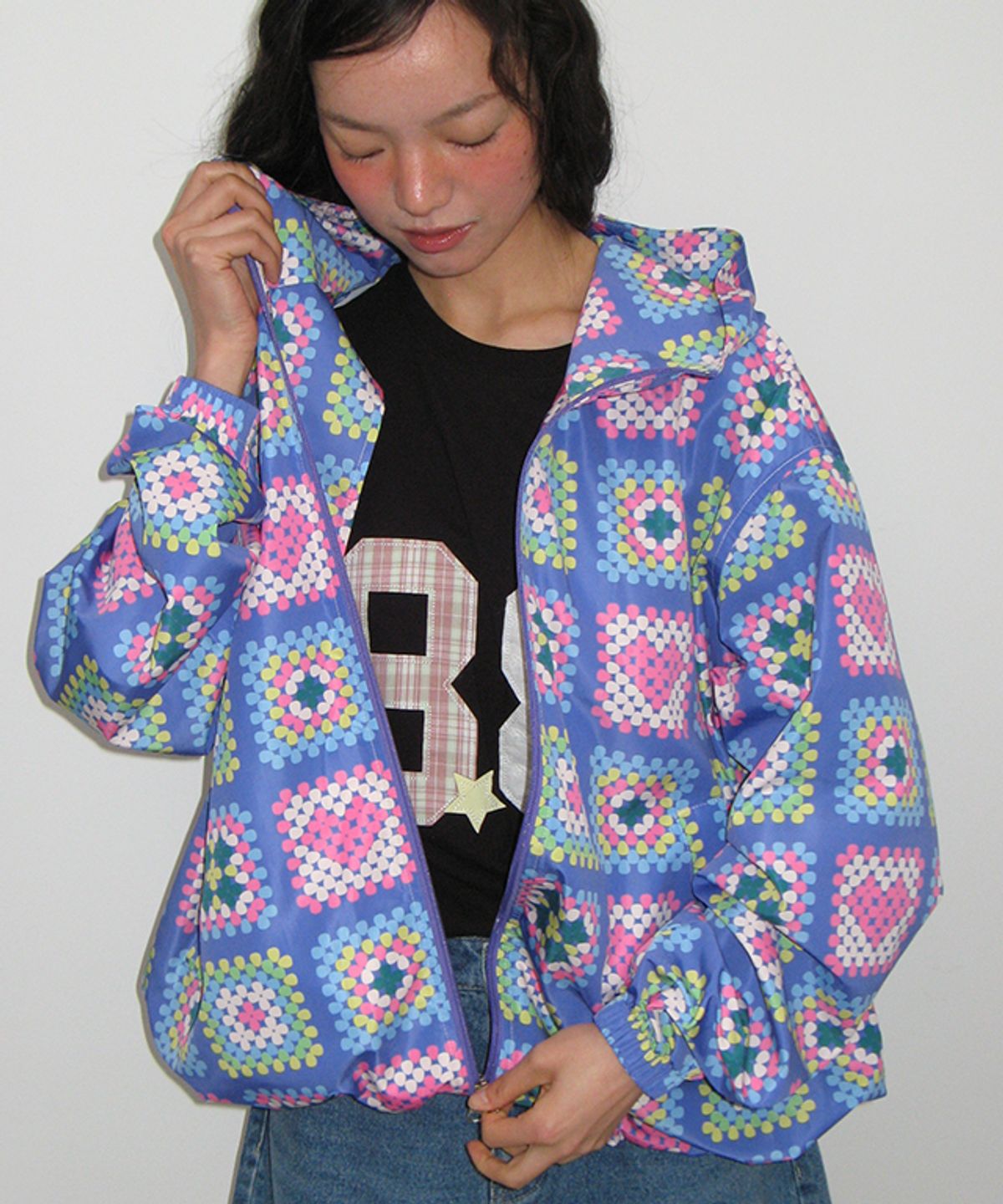 론론(RONRON) HEART CROCHET PATTERN HOODED WINDBREAKER JUMPER LIGHT PURPLE