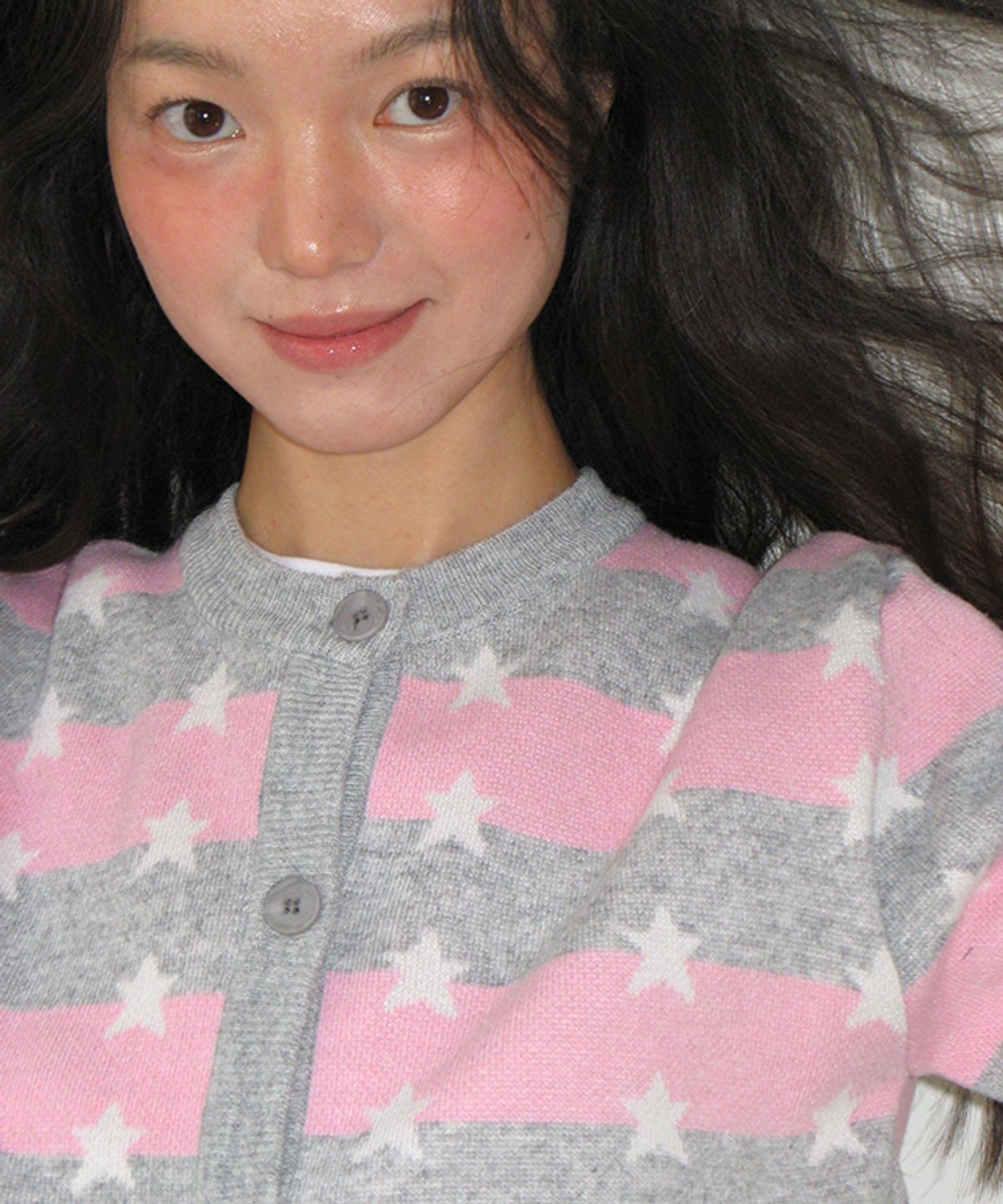 론론(RONRON) STRIPE STAR PATTERN KNIT CARDIGAN PINK GREY