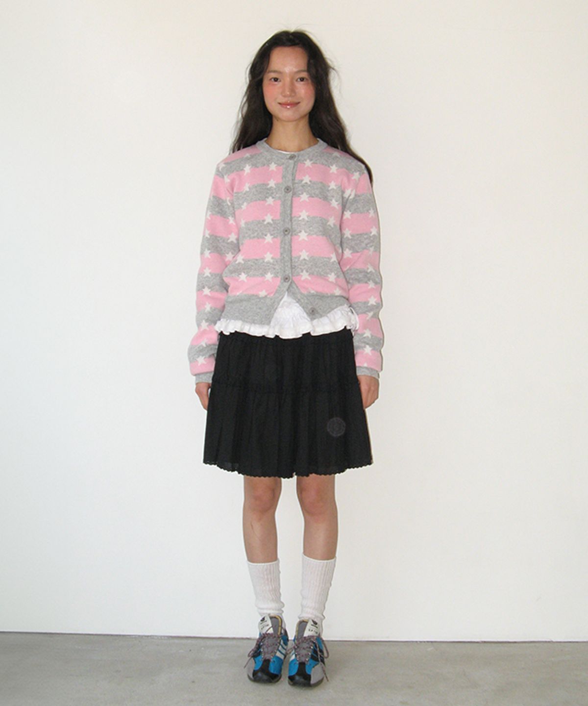 론론(RONRON) STRIPE STAR PATTERN KNIT CARDIGAN PINK GREY