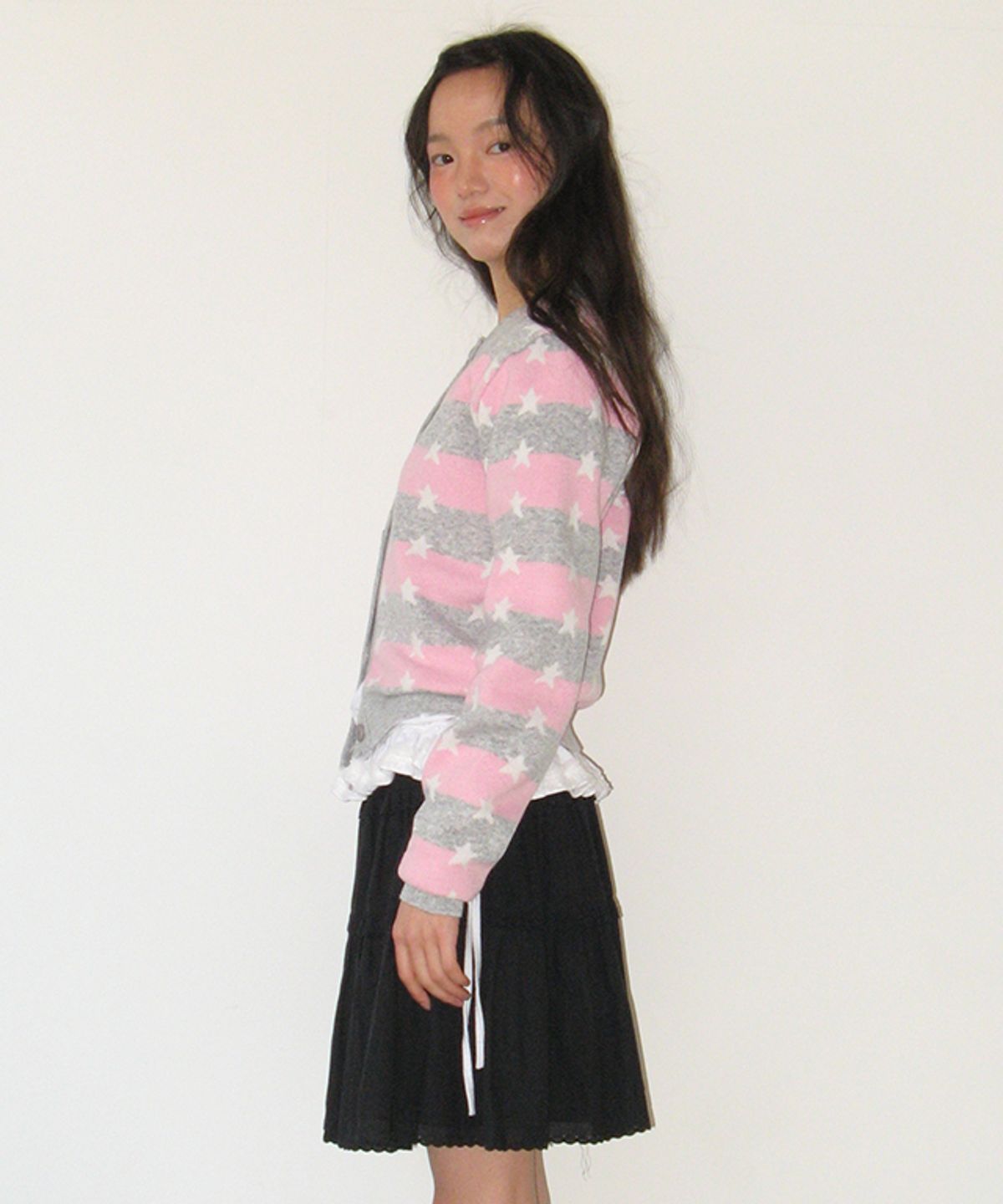 론론(RONRON) STRIPE STAR PATTERN KNIT CARDIGAN PINK GREY