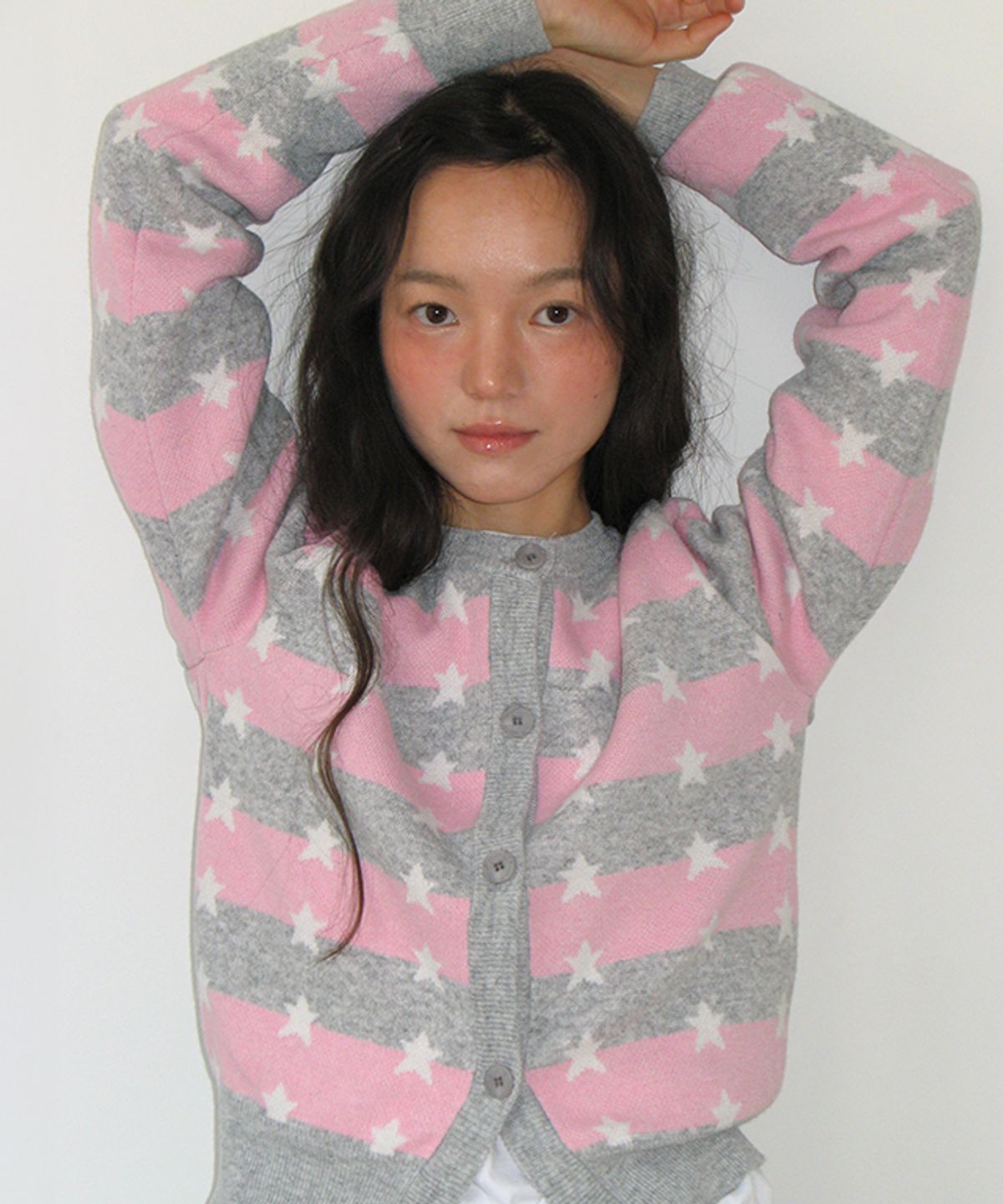론론(RONRON) STRIPE STAR PATTERN KNIT CARDIGAN PINK GREY