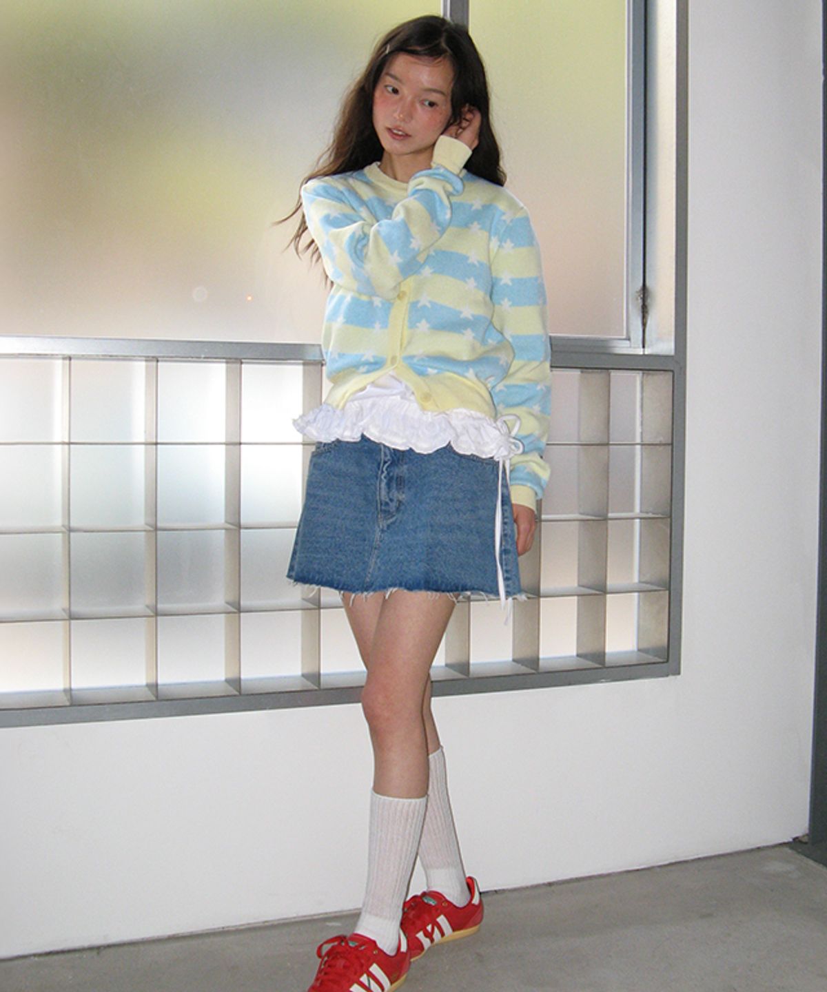 론론(RONRON) STRIPE STAR PATTERN KNIT CARDIGAN YELLOW BLUE
