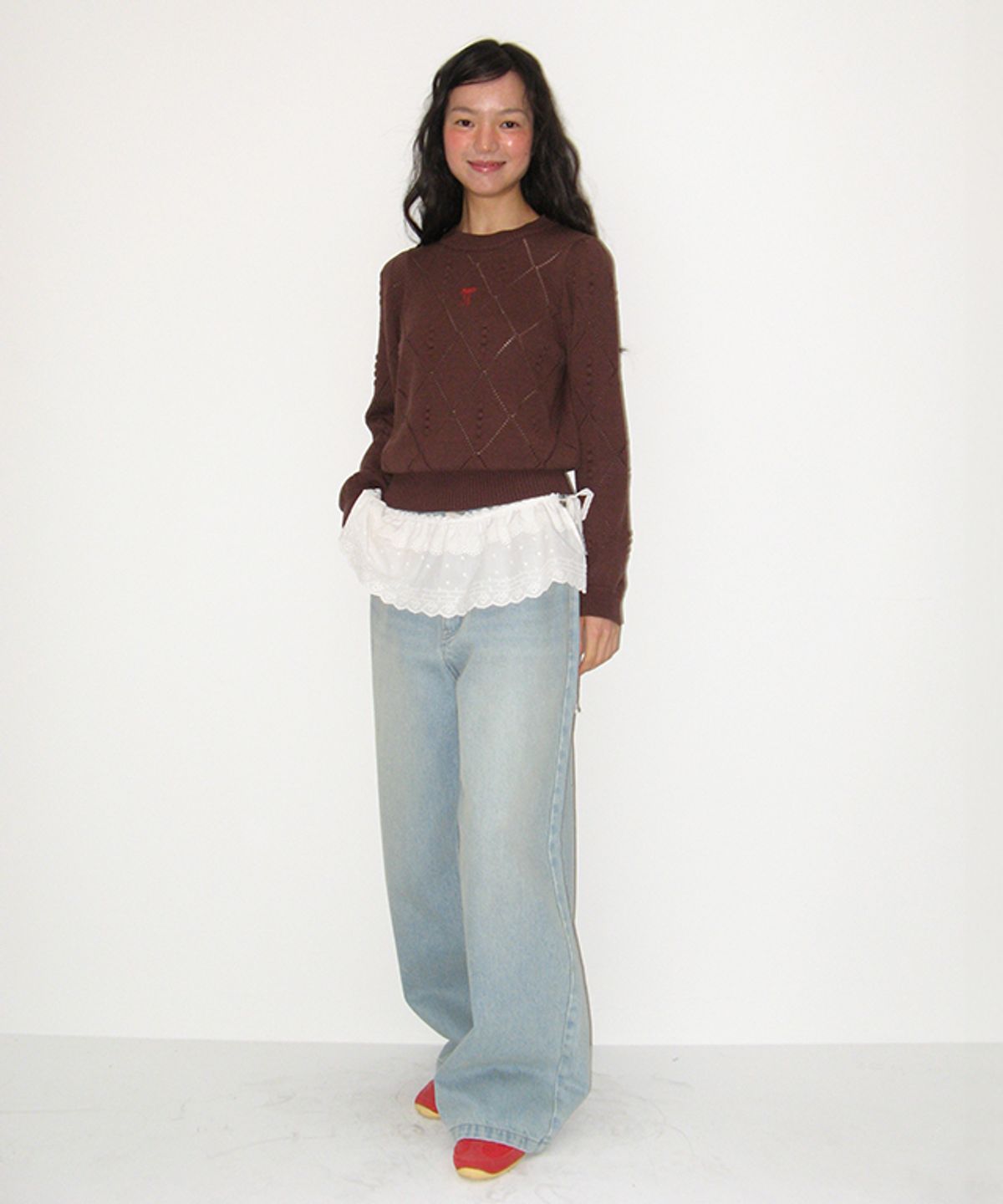 론론(RONRON) DIAMOND PATTERN LONG SLEEVE KNIT BROWN