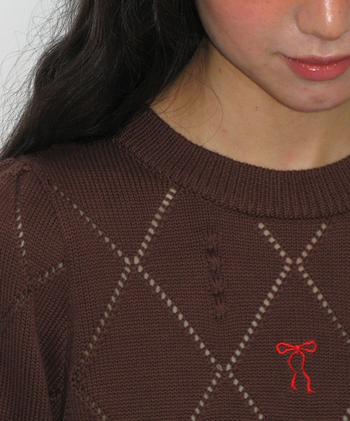 론론(RONRON) DIAMOND PATTERN LONG SLEEVE KNIT BROWN