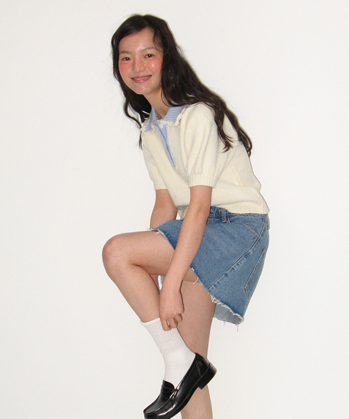 론론(RONRON) HANDMADE COLLAR SHORT SLEEVE KNIT IVORY BLUE