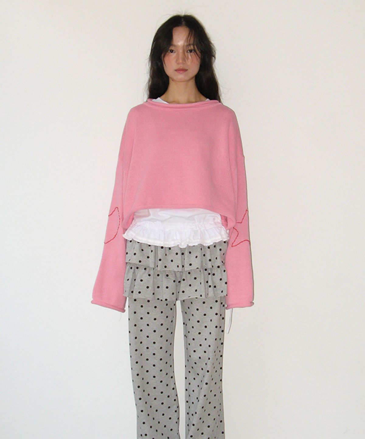 론론(RONRON) HEART STAR HAND STITCH OVERFIT CROP KNIT PINK