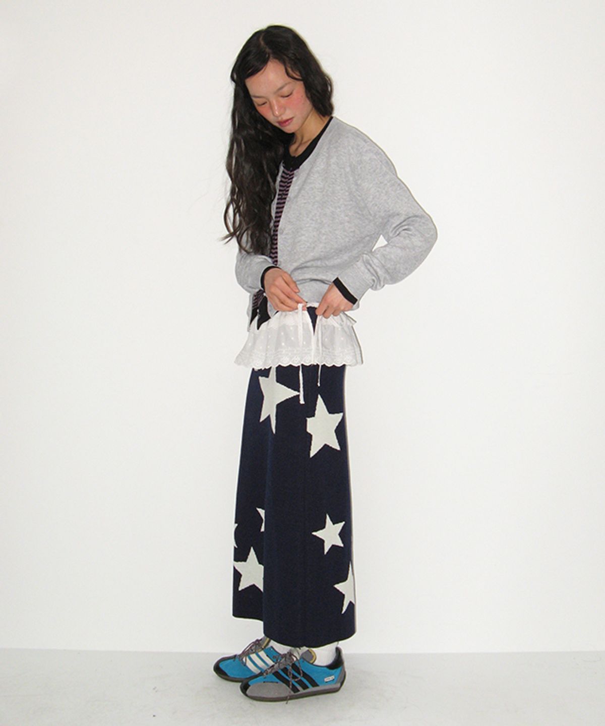 론론(RONRON) STRIPE LAYERED KNIT CARDIGAN GREY