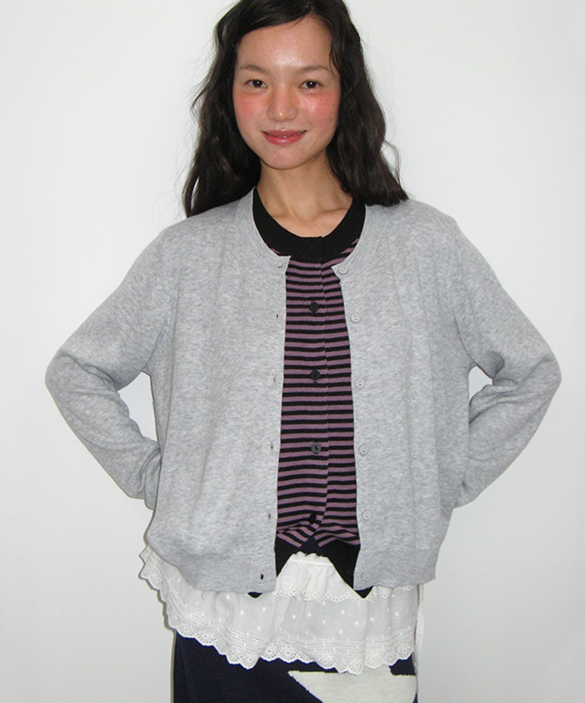 론론(RONRON) STRIPE LAYERED KNIT CARDIGAN GREY