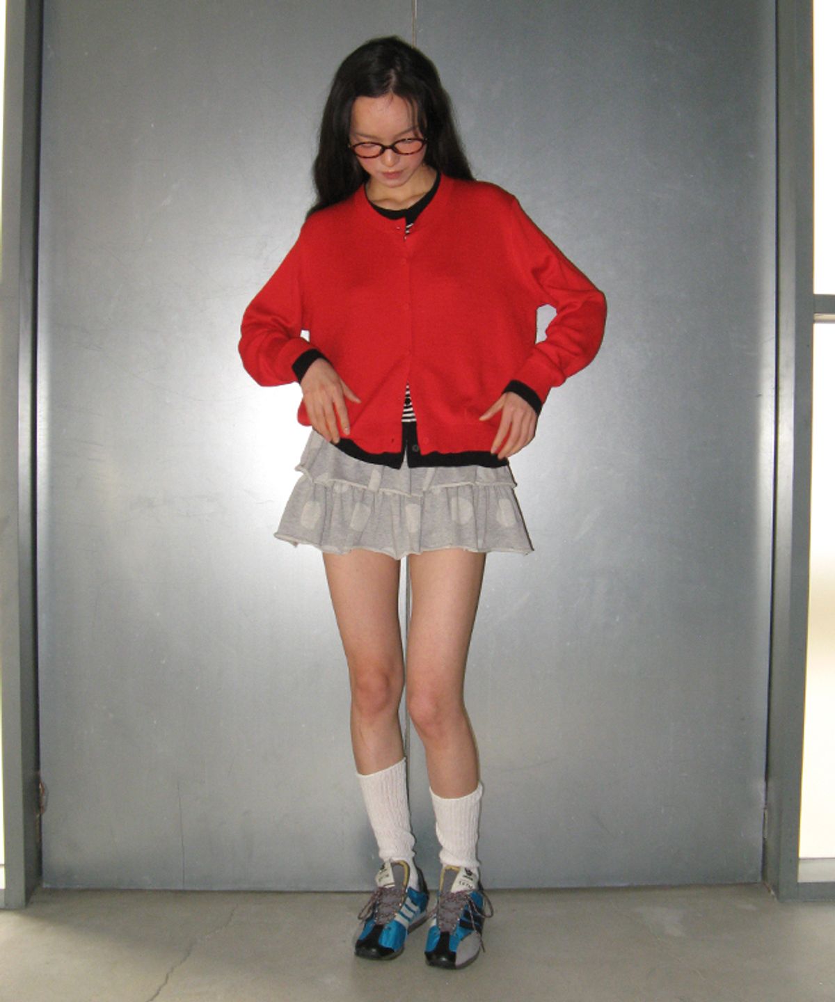 론론(RONRON) STRIPE LAYERED KNIT CARDIGAN RED
