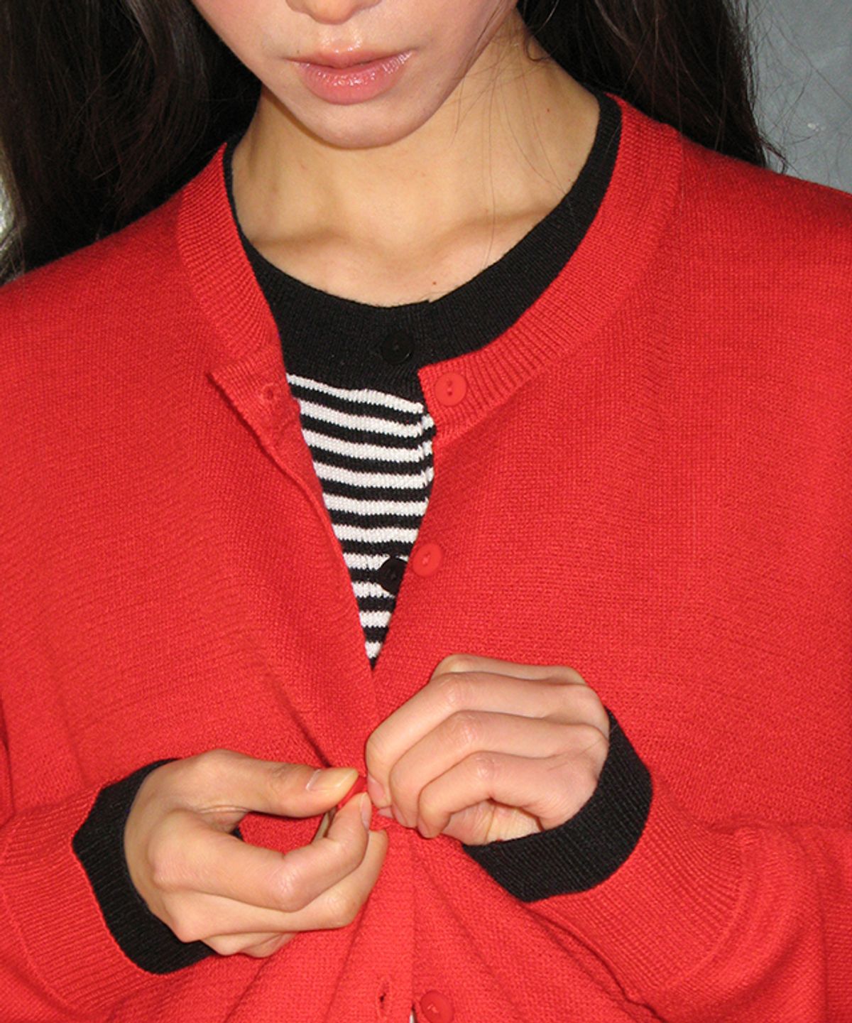 론론(RONRON) STRIPE LAYERED KNIT CARDIGAN RED