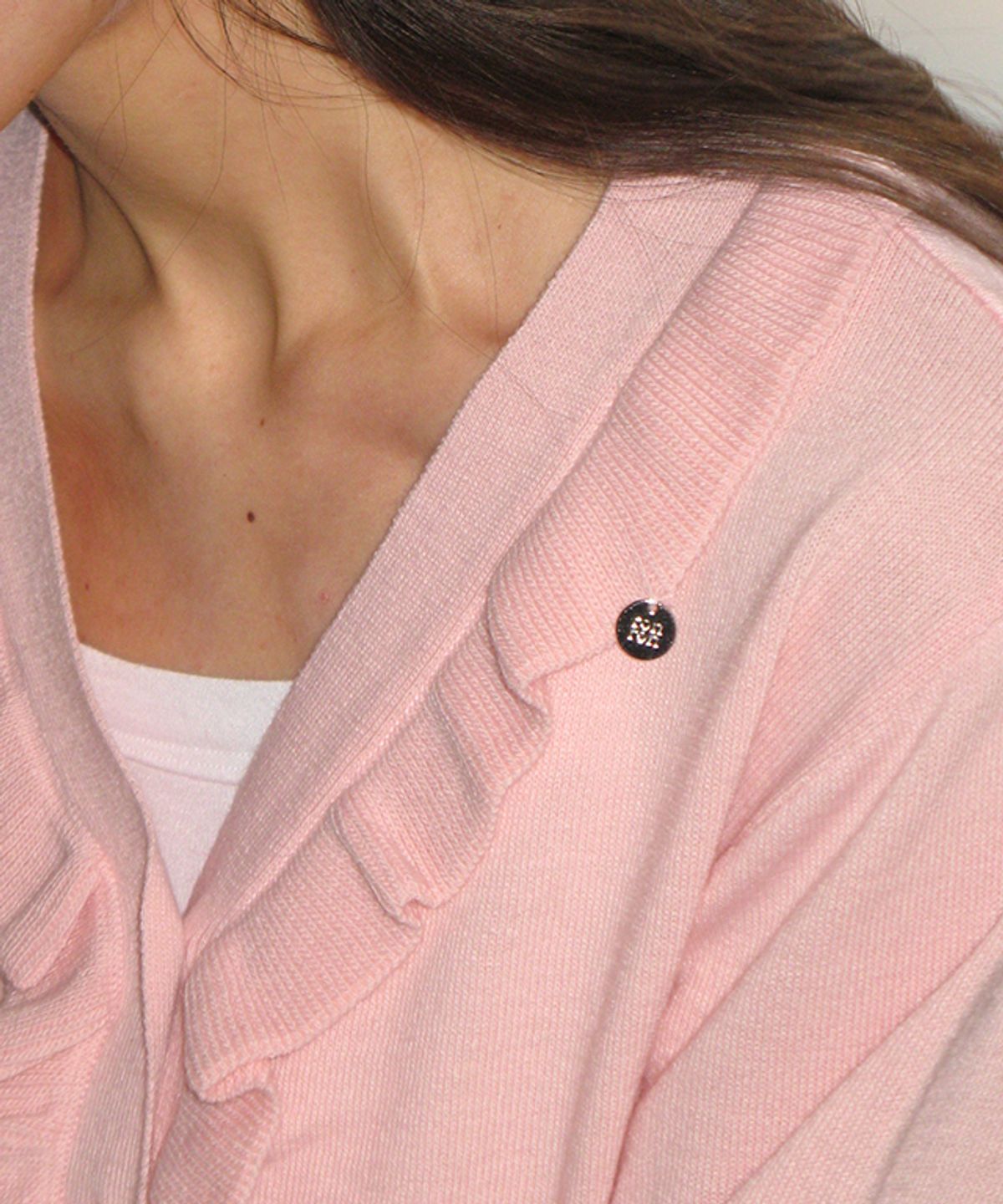 론론(RONRON) SIDE RUFFLE V NECK KNIT CARDIGAN SOFT PINK