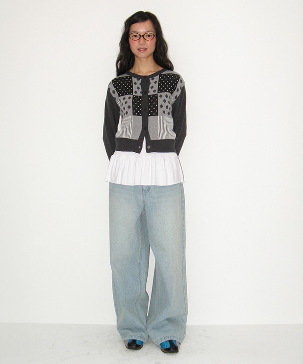 론론(RONRON) DOT STRIPE MIX KNIT CARDIGAN DARK GREY