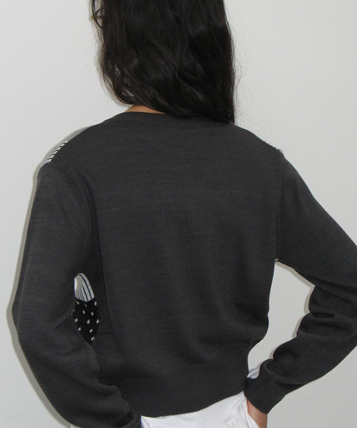 론론(RONRON) DOT STRIPE MIX KNIT CARDIGAN DARK GREY