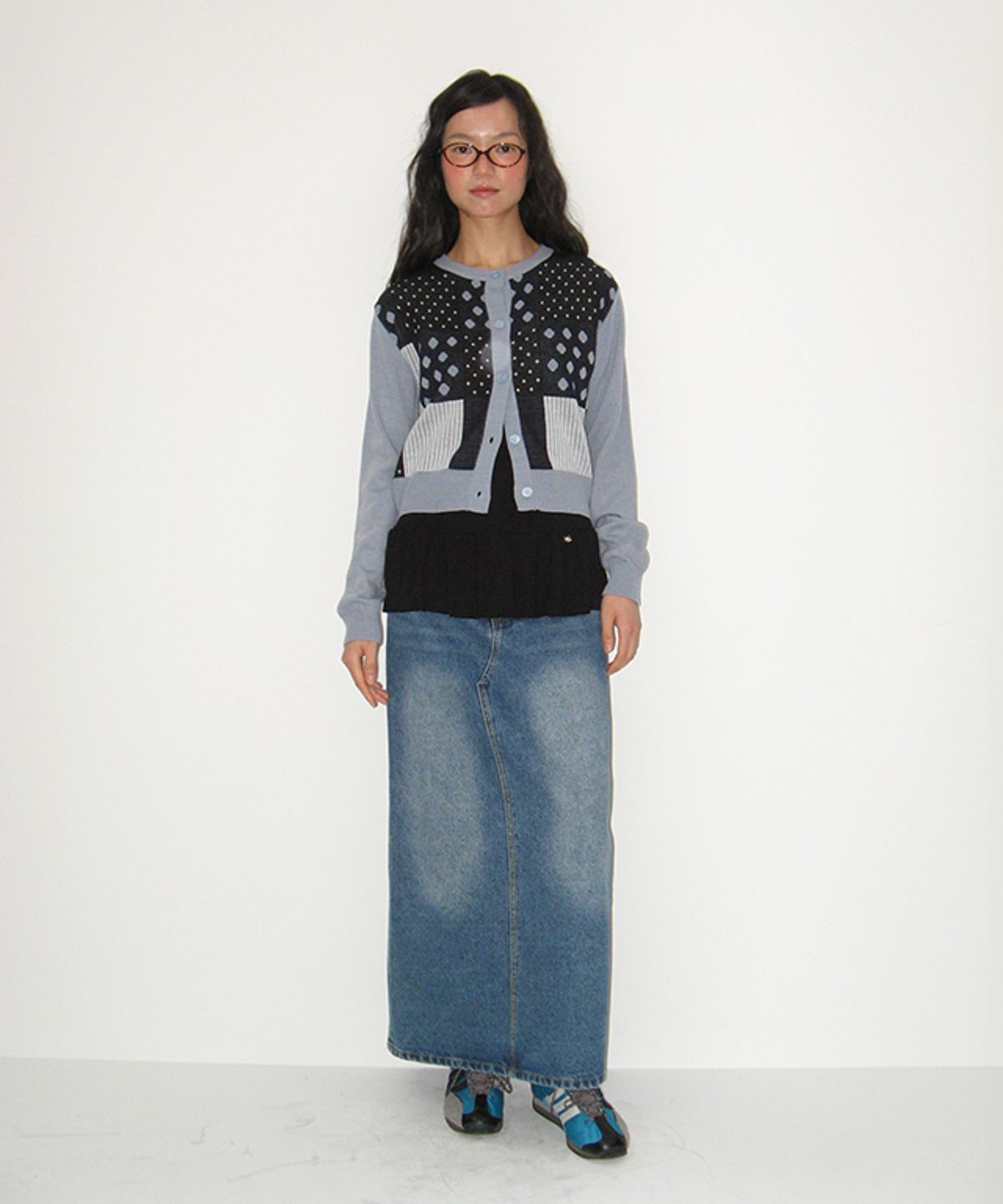 론론(RONRON) DOT STRIPE MIX KNIT CARDIGAN SOFT BLUE