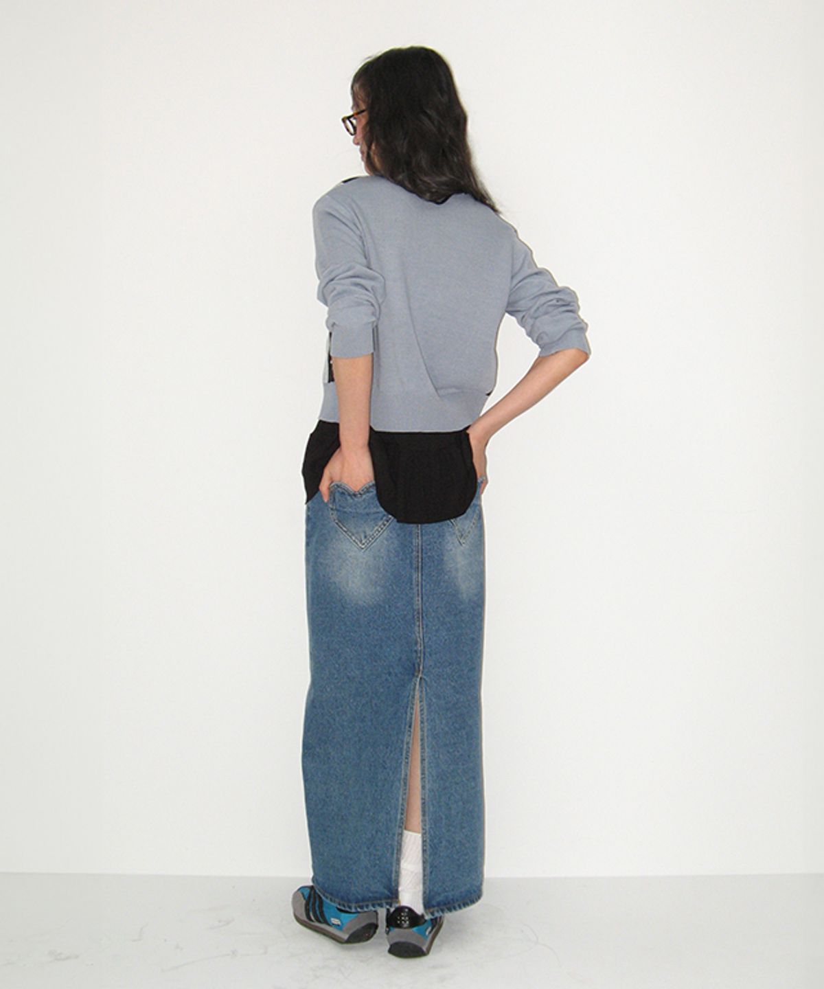론론(RONRON) DOT STRIPE MIX KNIT CARDIGAN SOFT BLUE