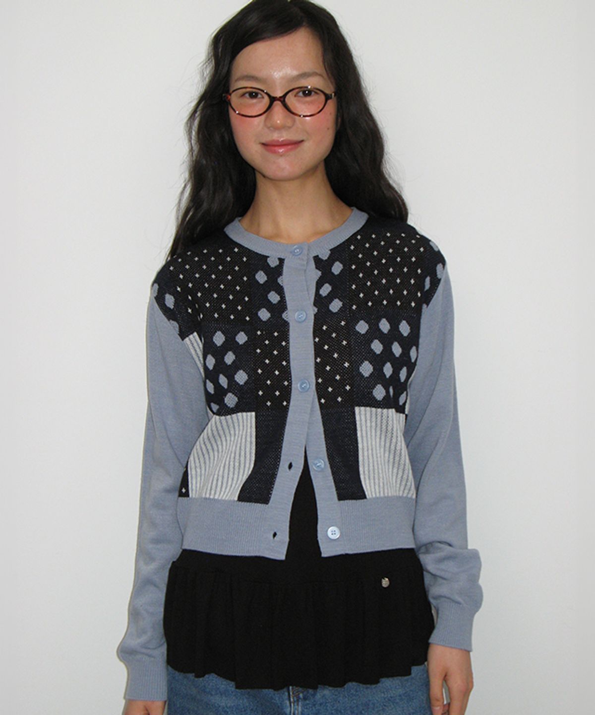 론론(RONRON) DOT STRIPE MIX KNIT CARDIGAN SOFT BLUE