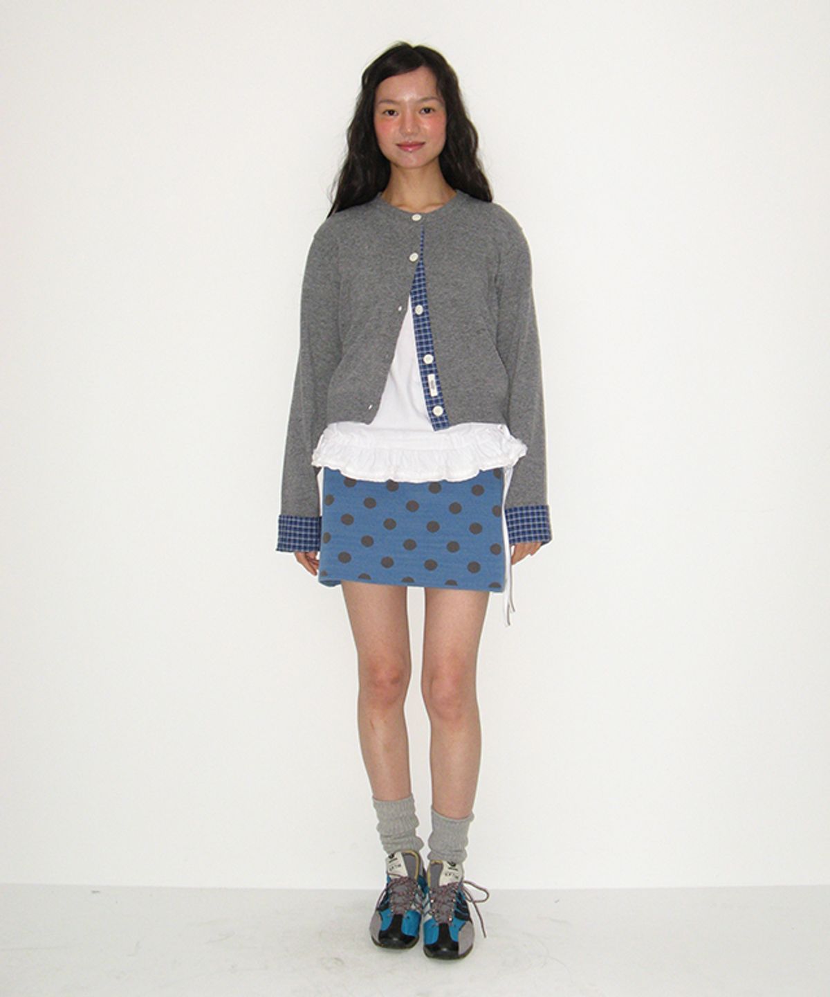 론론(RONRON) CHECK SHIRT POINTED KNIT CARDIGAN GREY