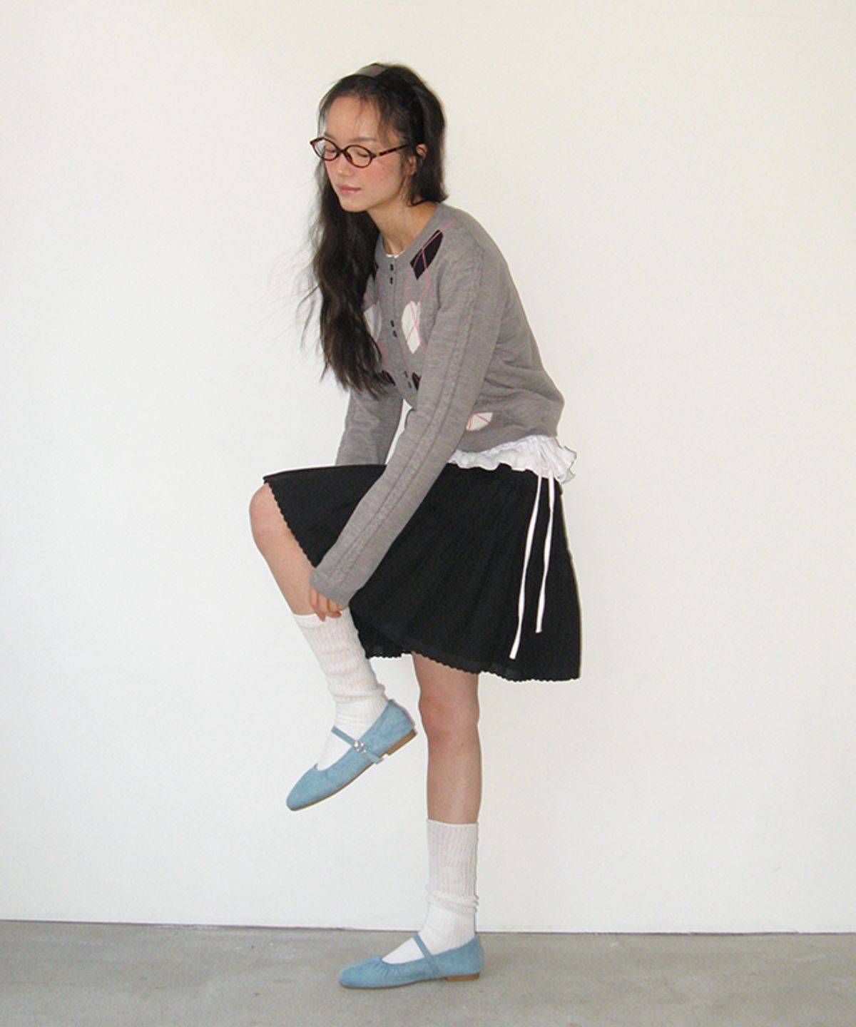 론론(RONRON) HEART ARGYLE 2 BUTTON KNIT CARDIGAN GREY