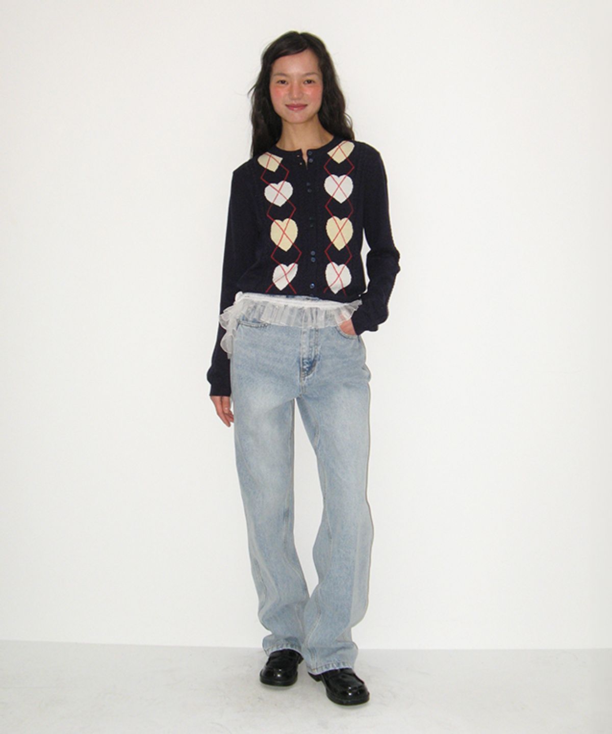론론(RONRON) HEART ARGYLE 2 BUTTON KNIT CARDIGAN NAVY