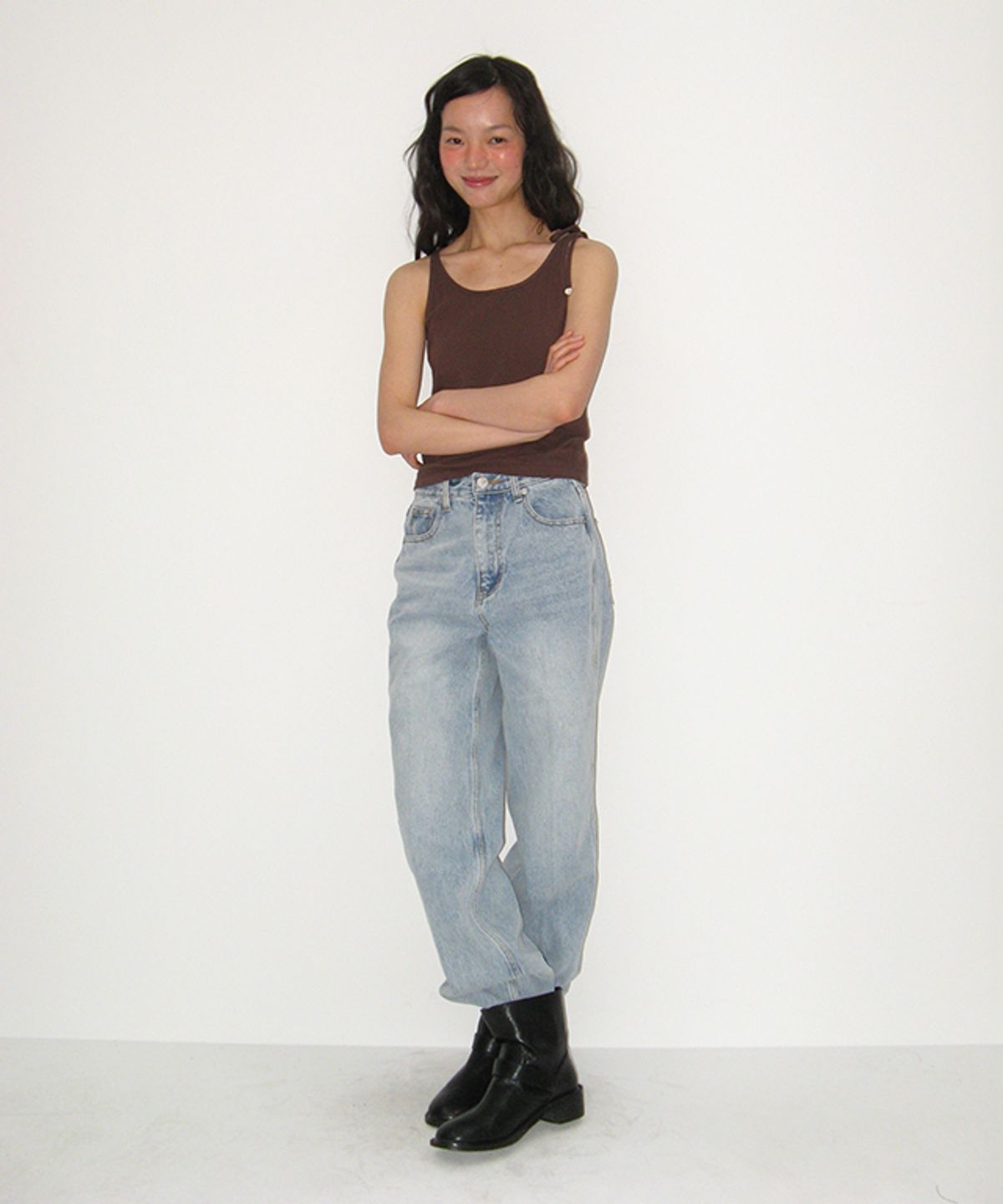 론론(RONRON) PENDANT ONE SHOULDER RIBBON SLEEVELESS BROWN