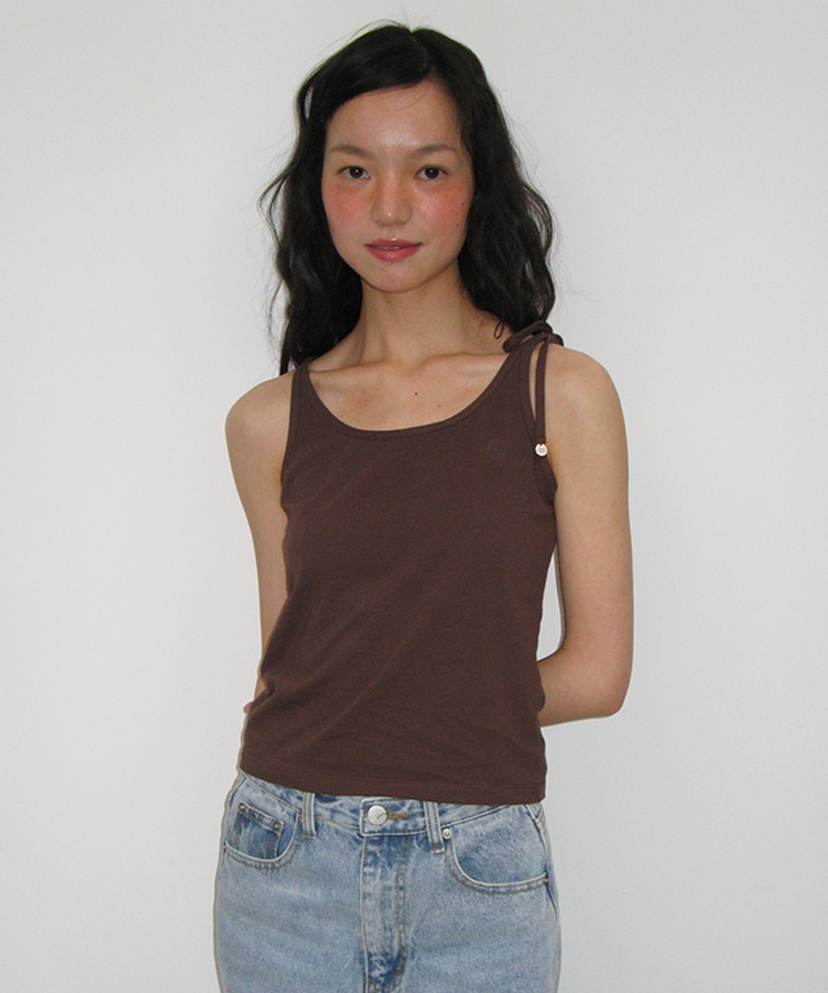 론론(RONRON) PENDANT ONE SHOULDER RIBBON SLEEVELESS BROWN