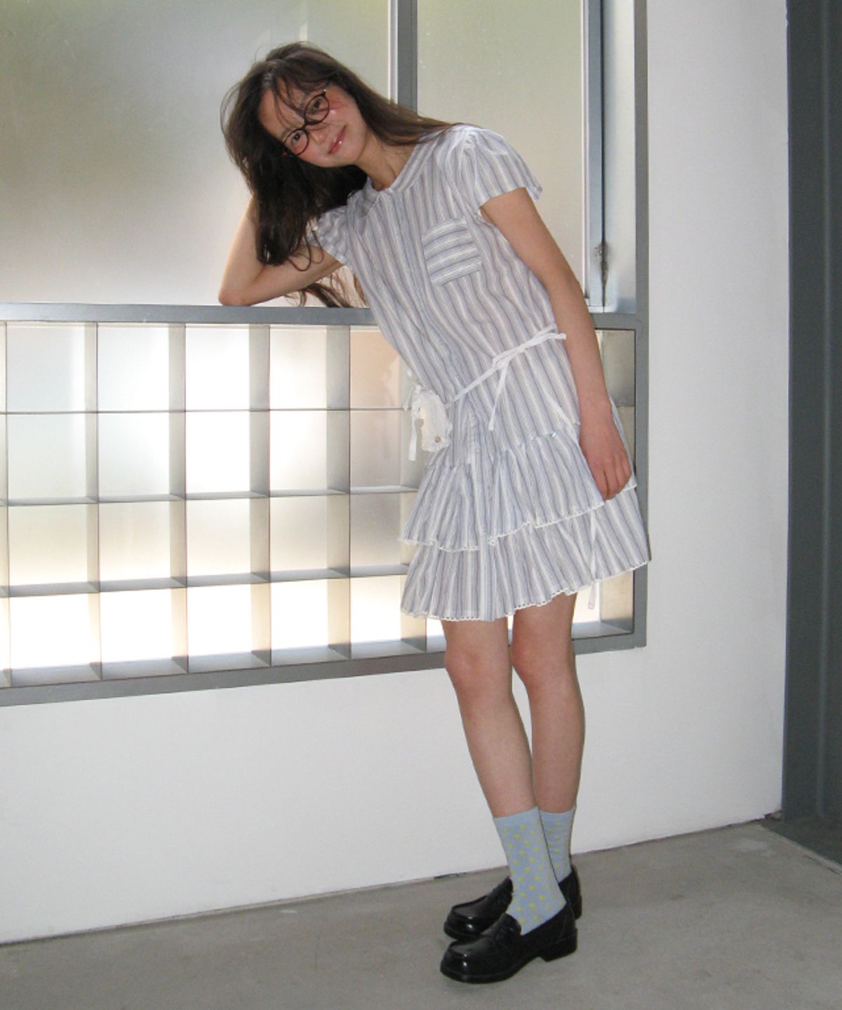 론론(RONRON) ROUND COLLAR FRILL KANGKANG SHIRT DRESS BLUE STRIPE