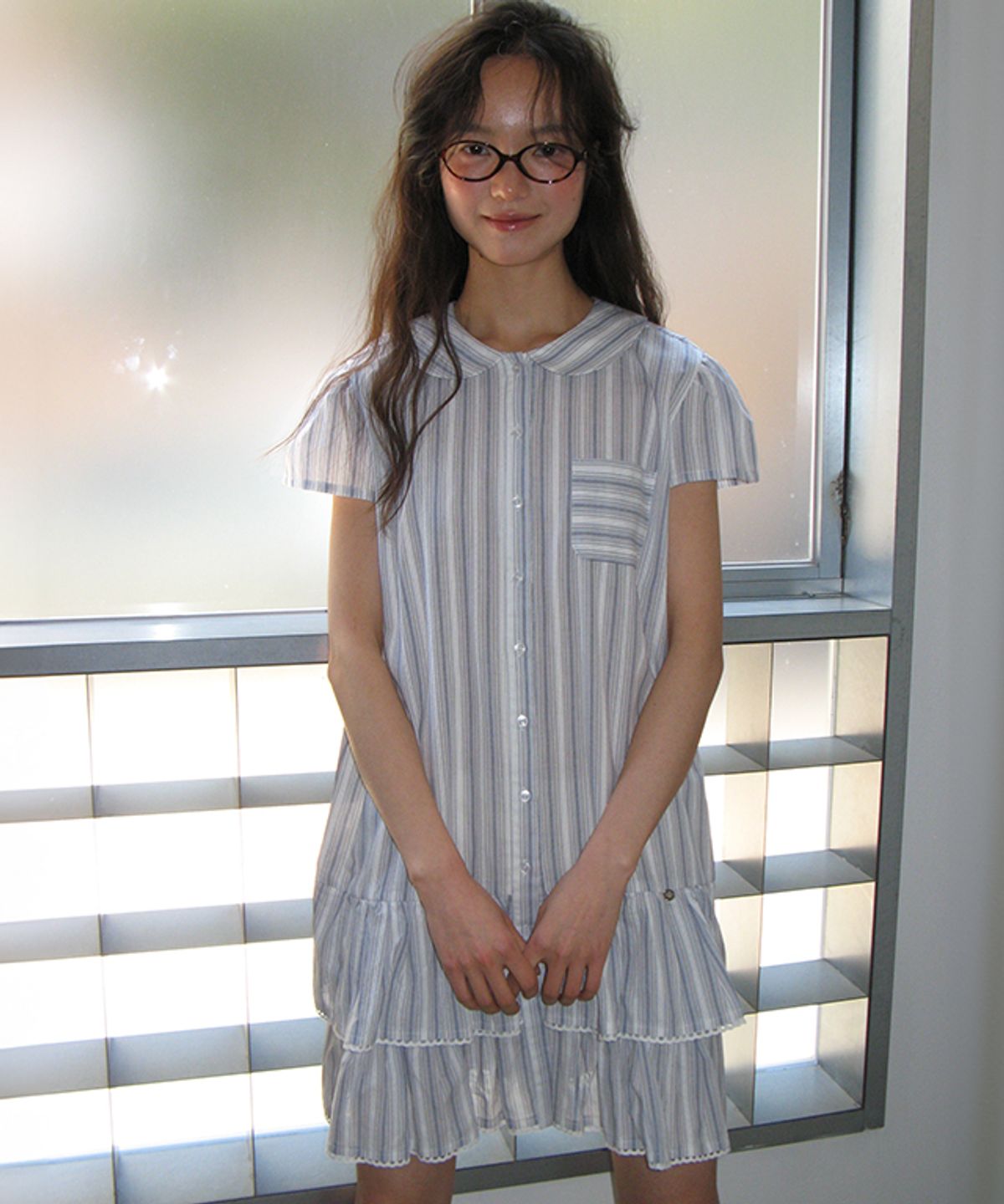 론론(RONRON) ROUND COLLAR FRILL KANGKANG SHIRT DRESS BLUE STRIPE